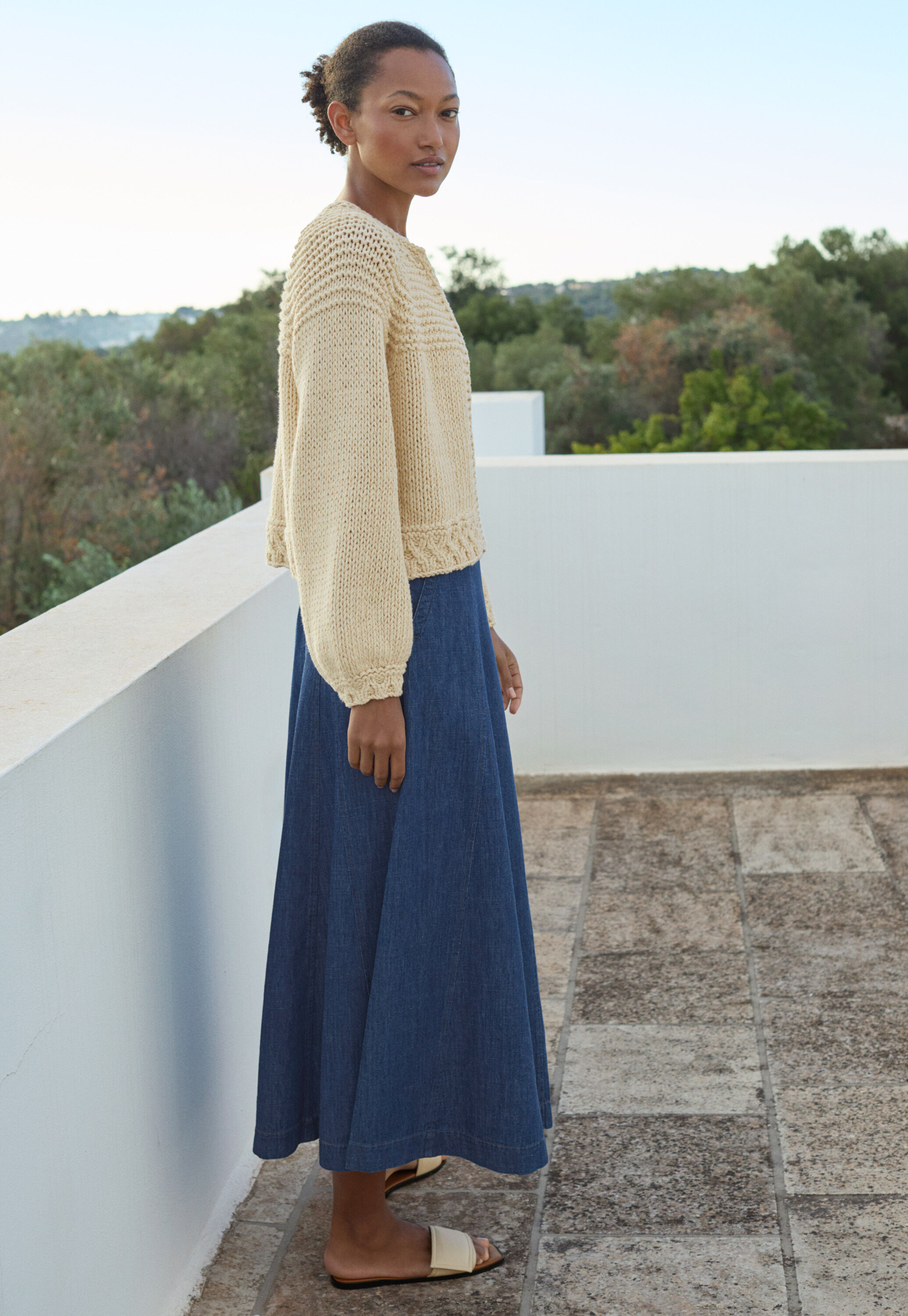 Indigo-dyed godet skirt
