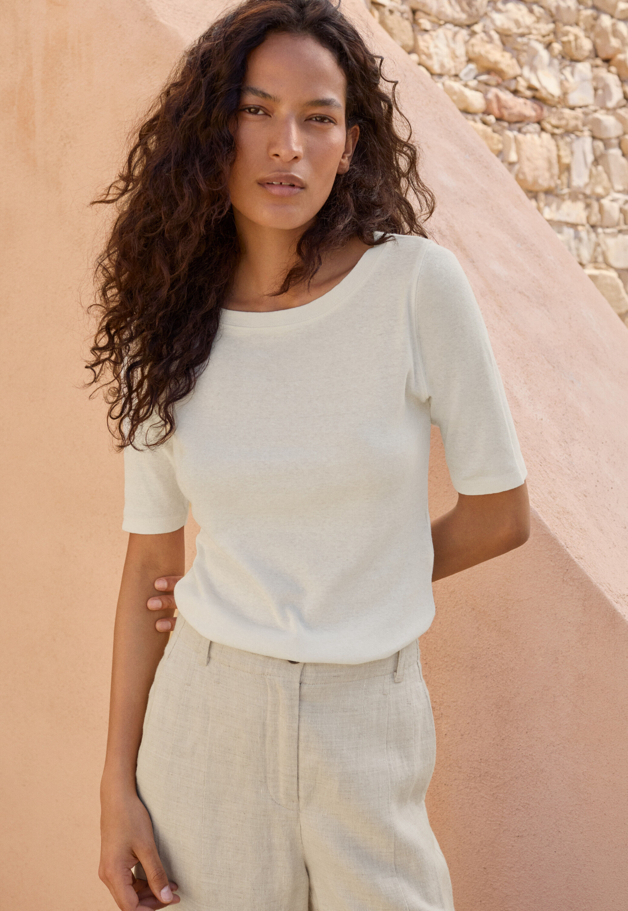 Ribbed jersey top, Ecru, large
