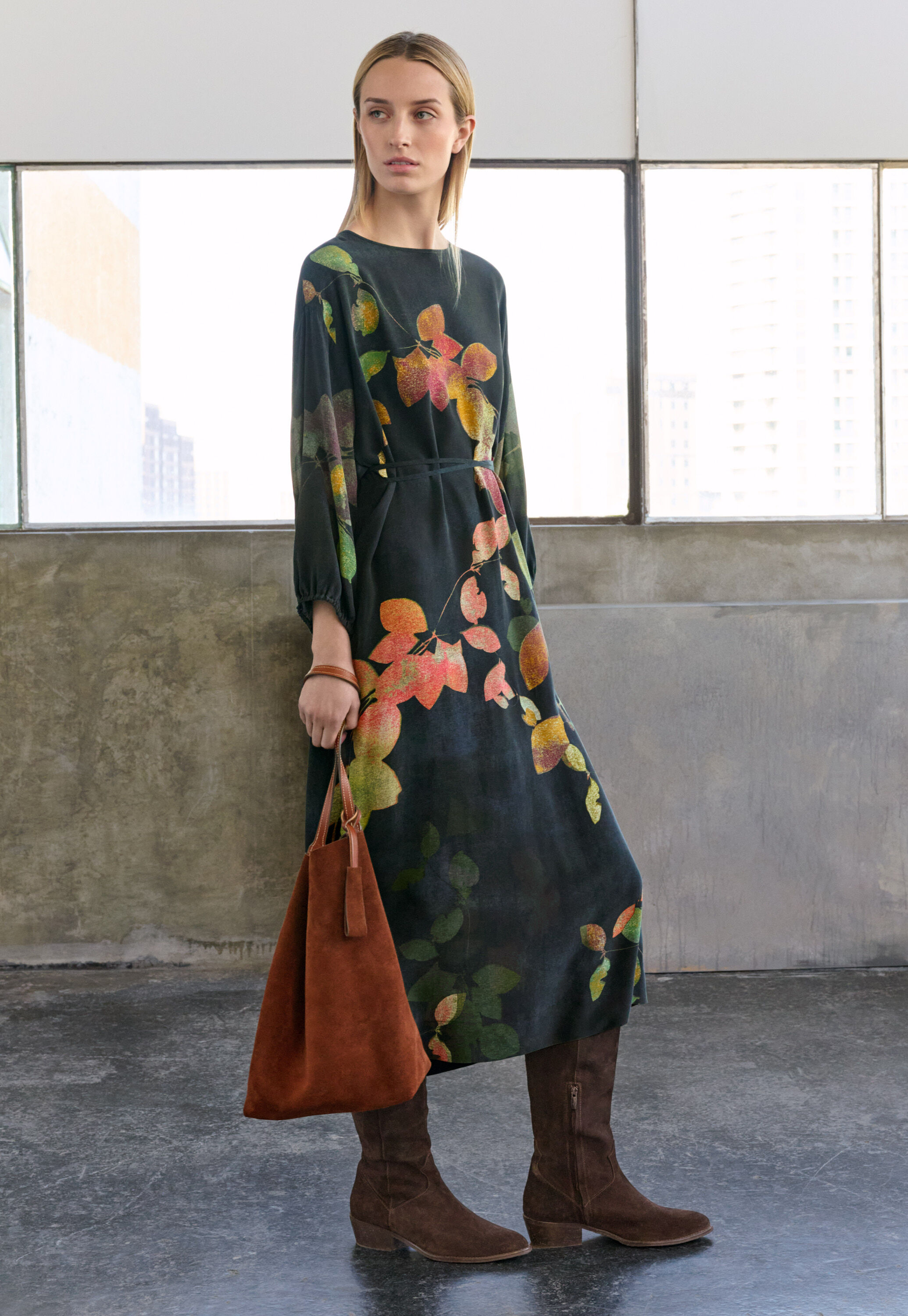 Printed dress with ties, Charcoal plum, large