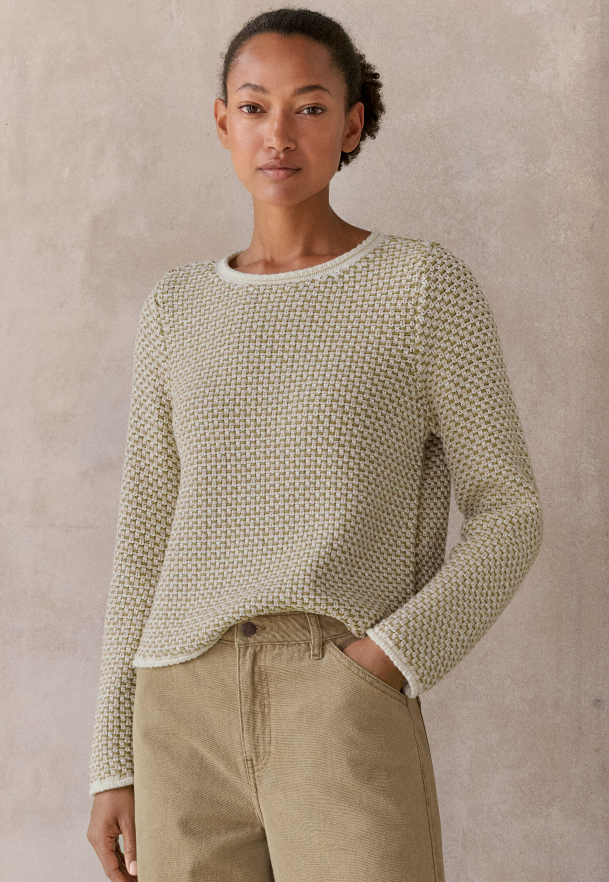 Inlay-stitch boxy sweater, Cream sage, large