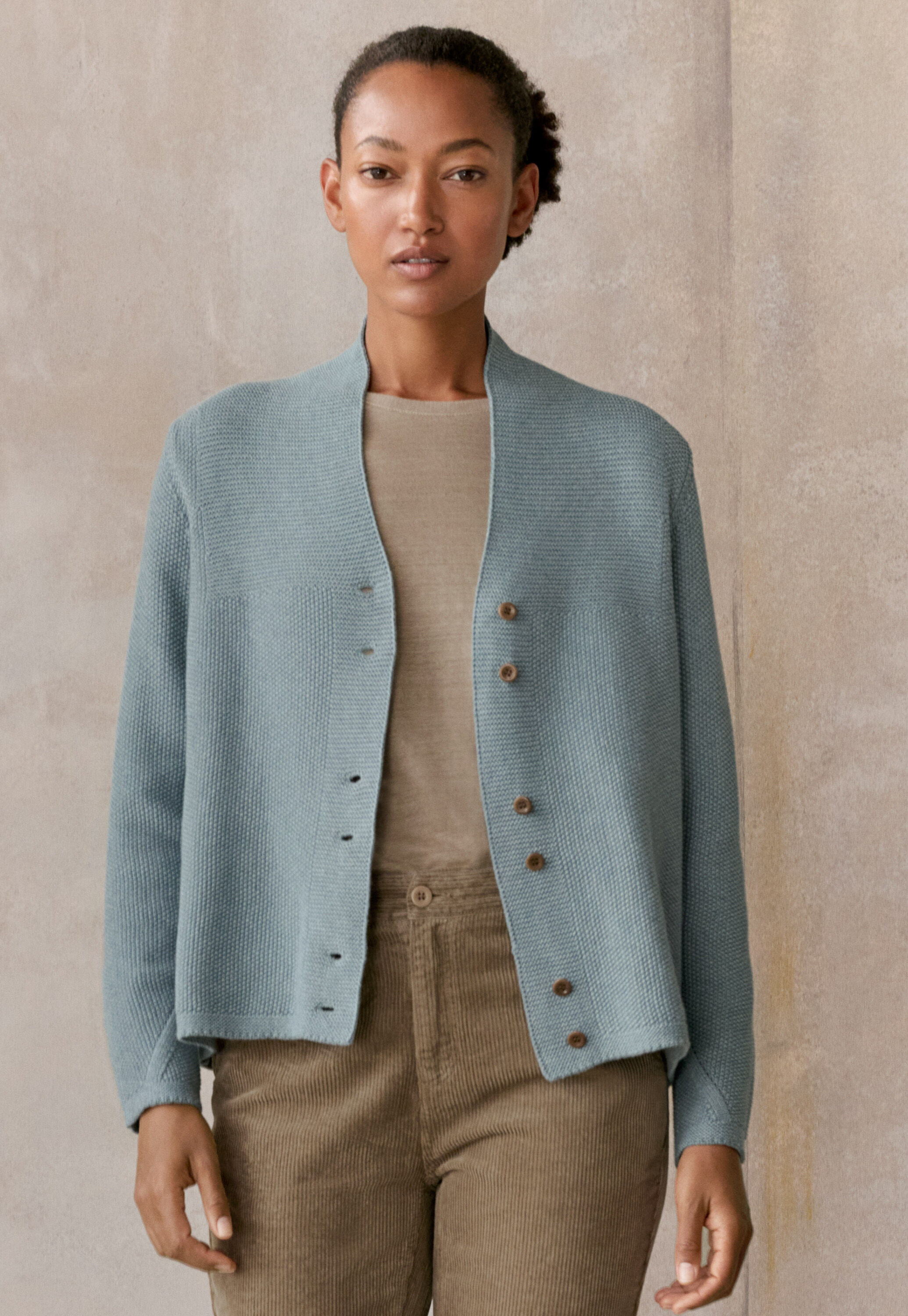Button-front cardigan, Aqua denim, large