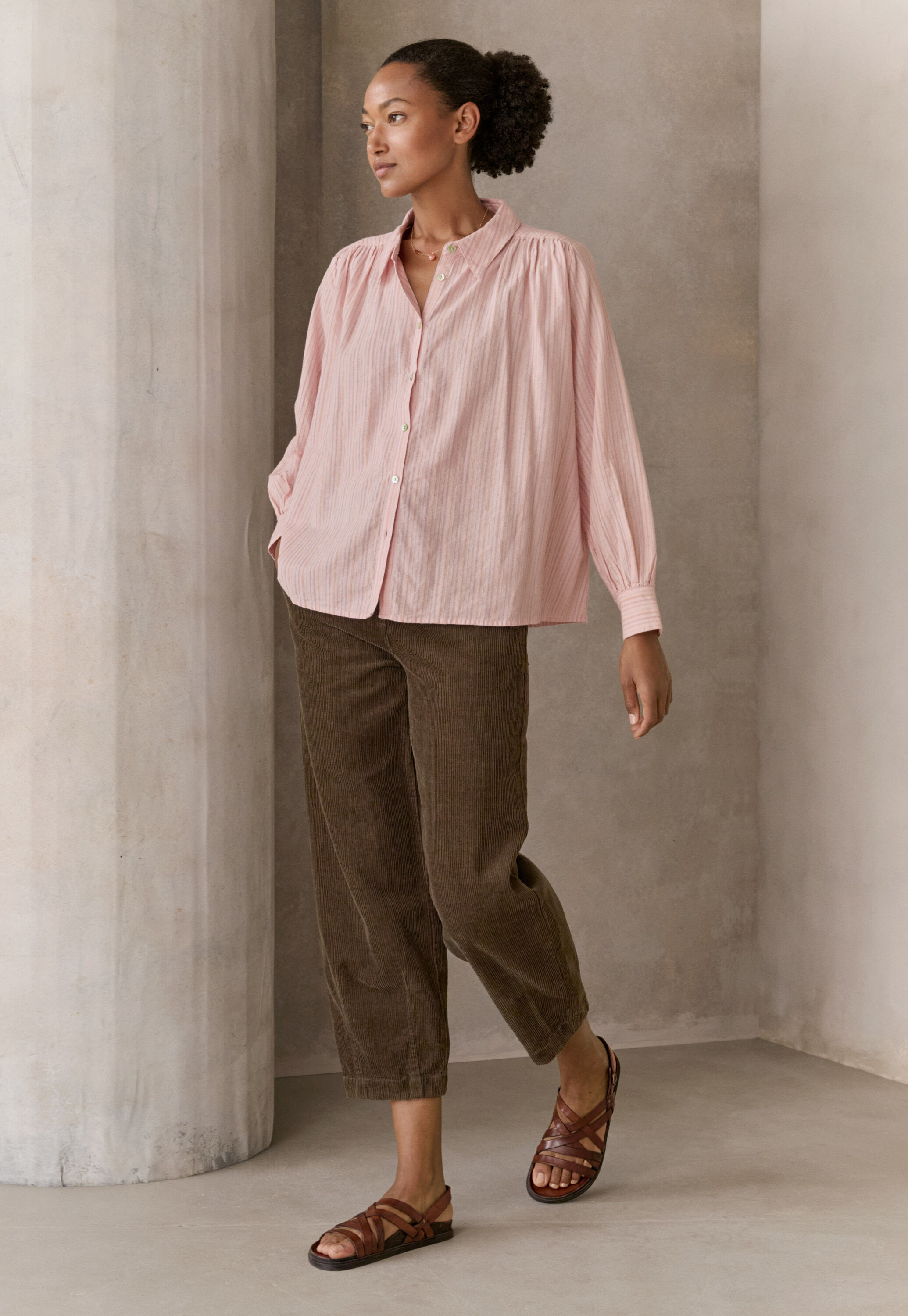 Striped blouse with gathers, Blush pink, large