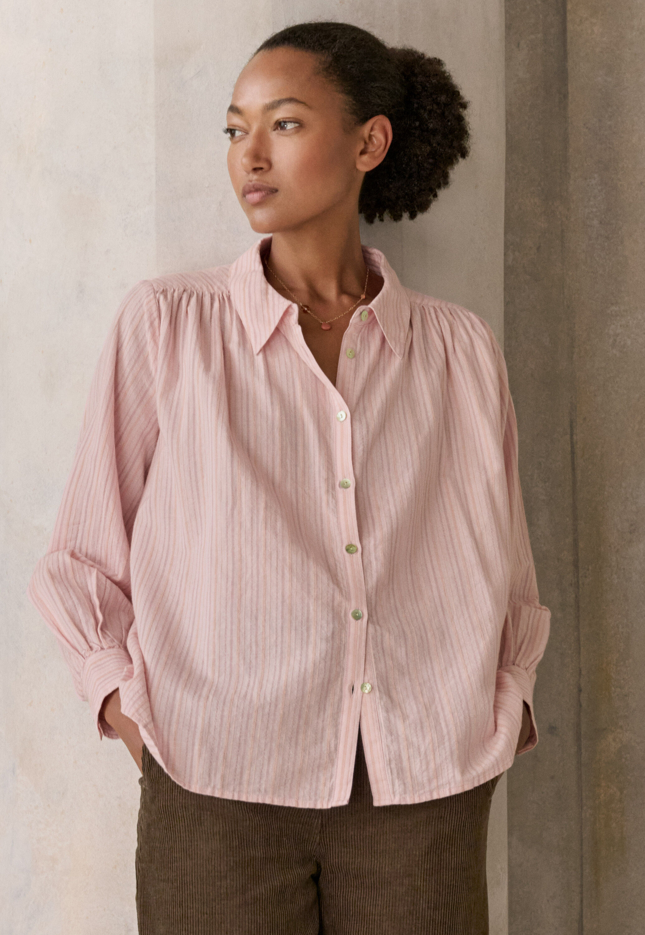 Striped blouse with gathers
