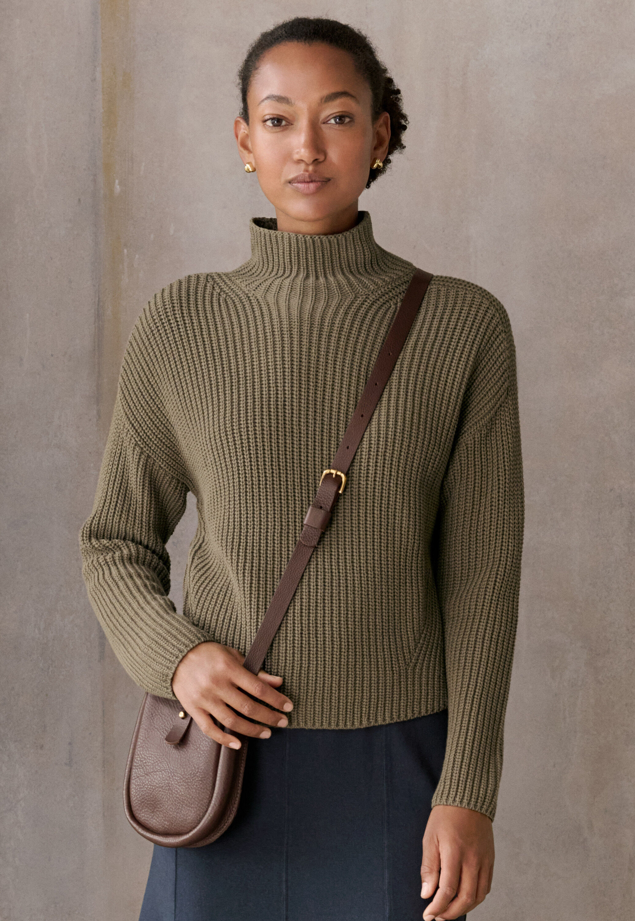 Funnel-neck sweater, Khaki, large