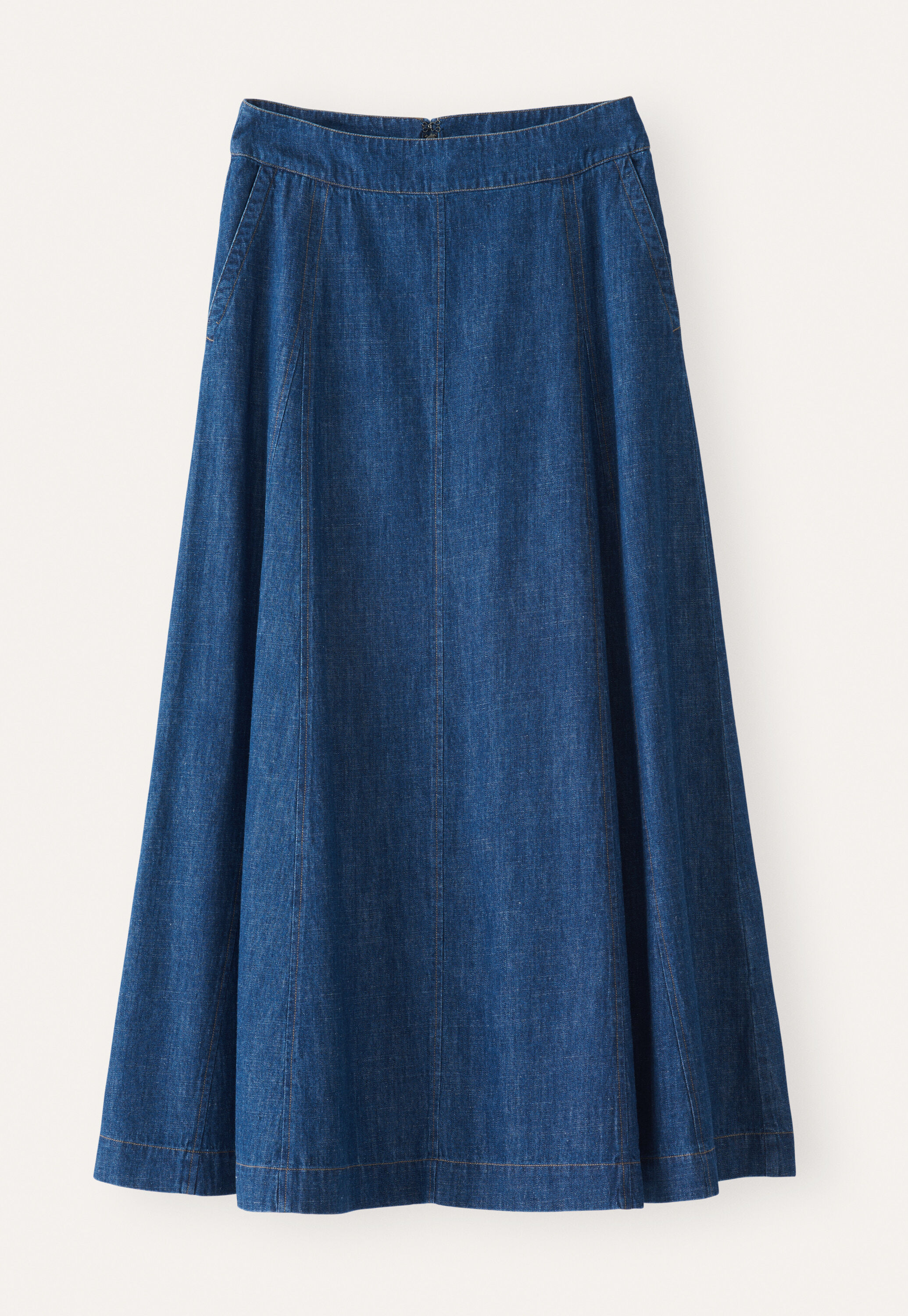 Indigo-dyed godet skirt