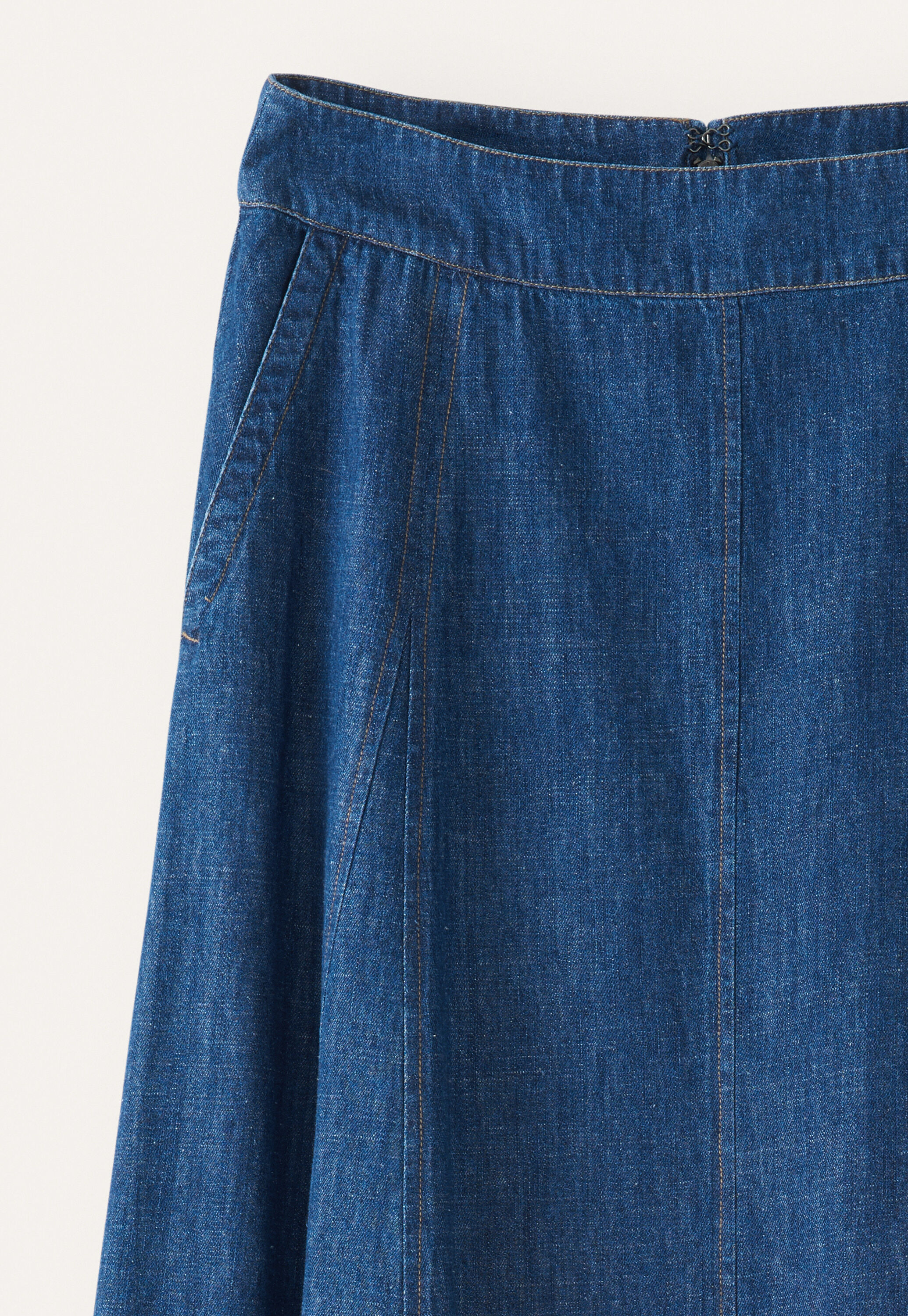 Indigo-dyed godet skirt