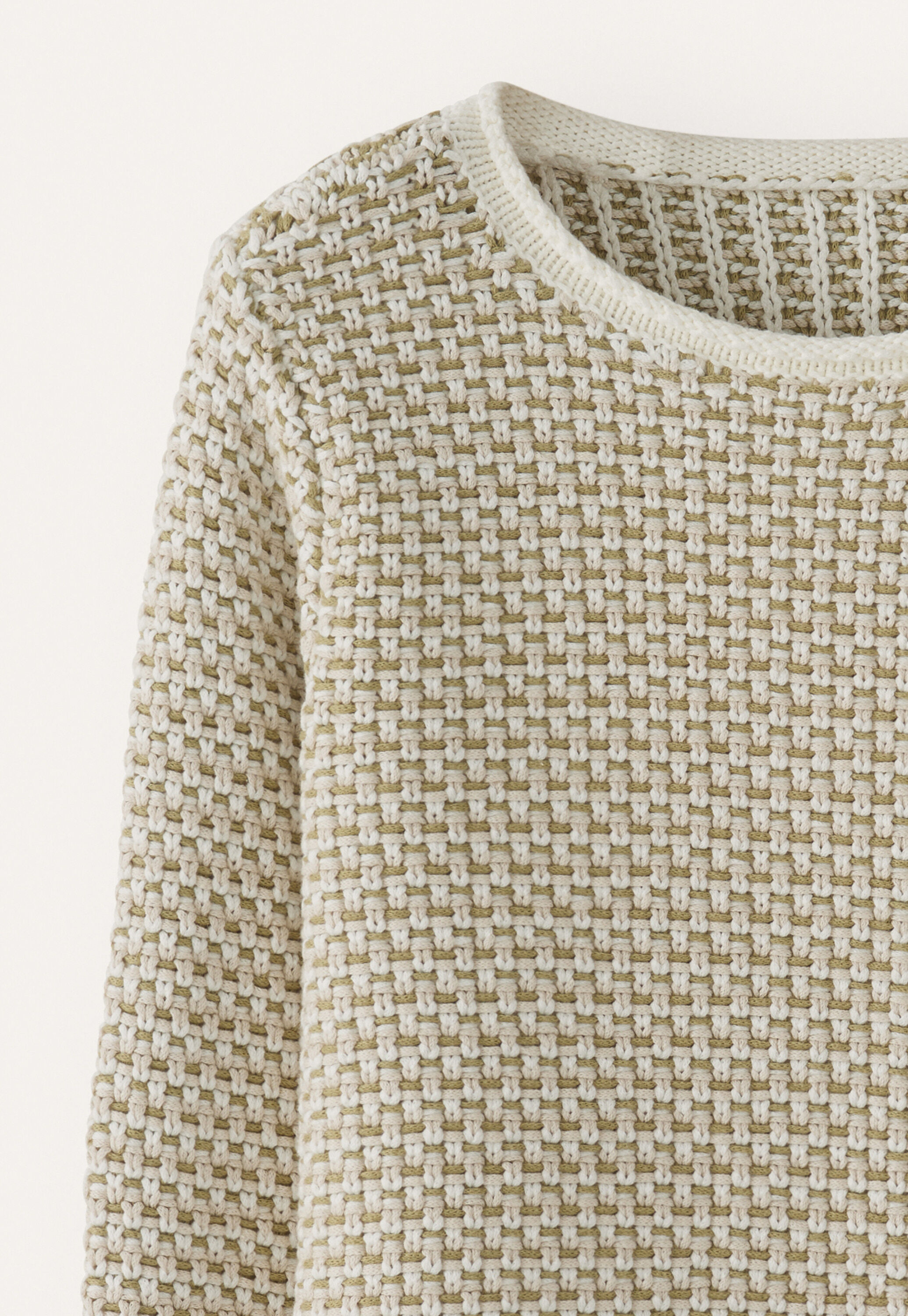 Inlay-stitch boxy sweater, Cream sage, large