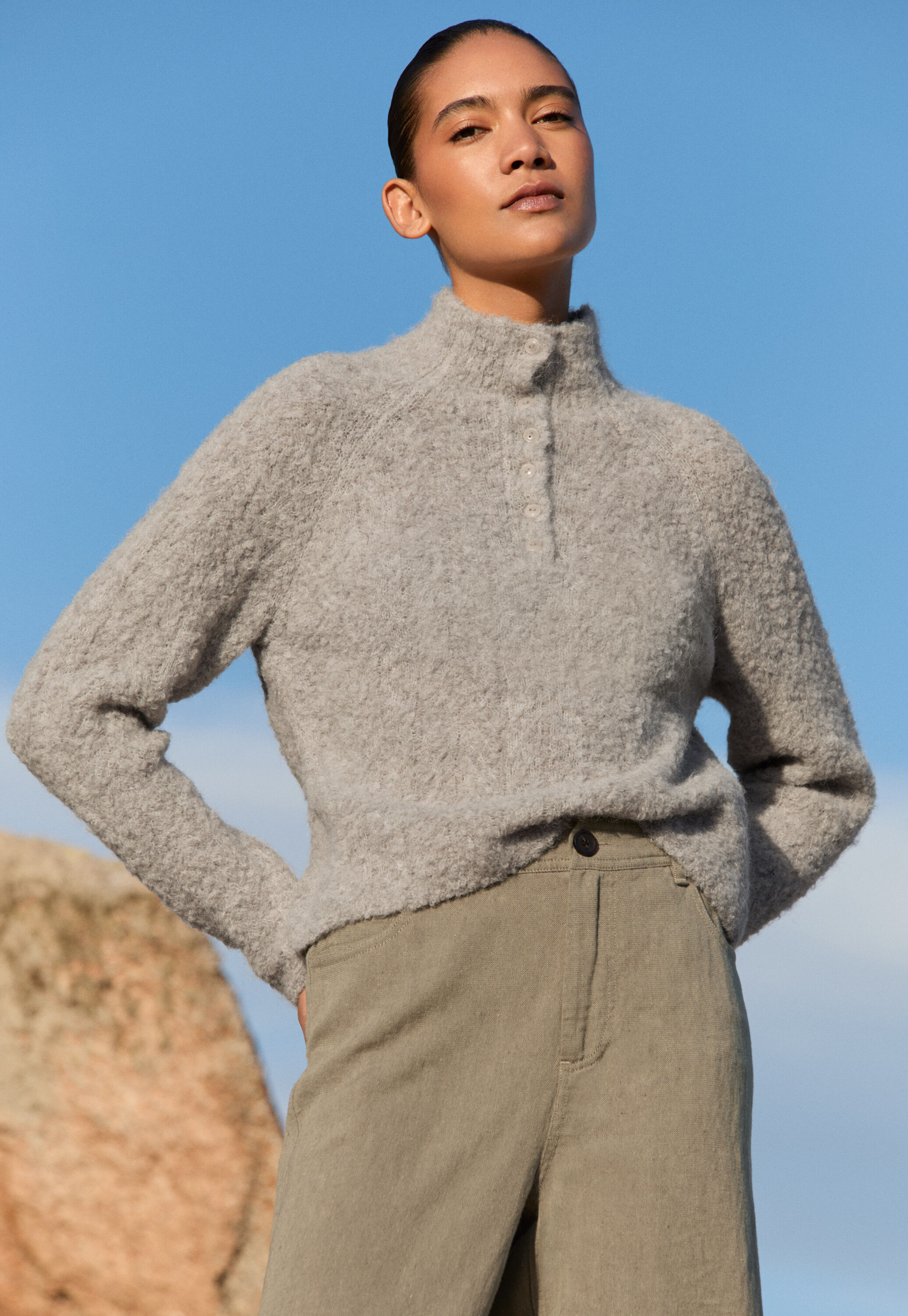 Button-neck sweater, Natural grey, large