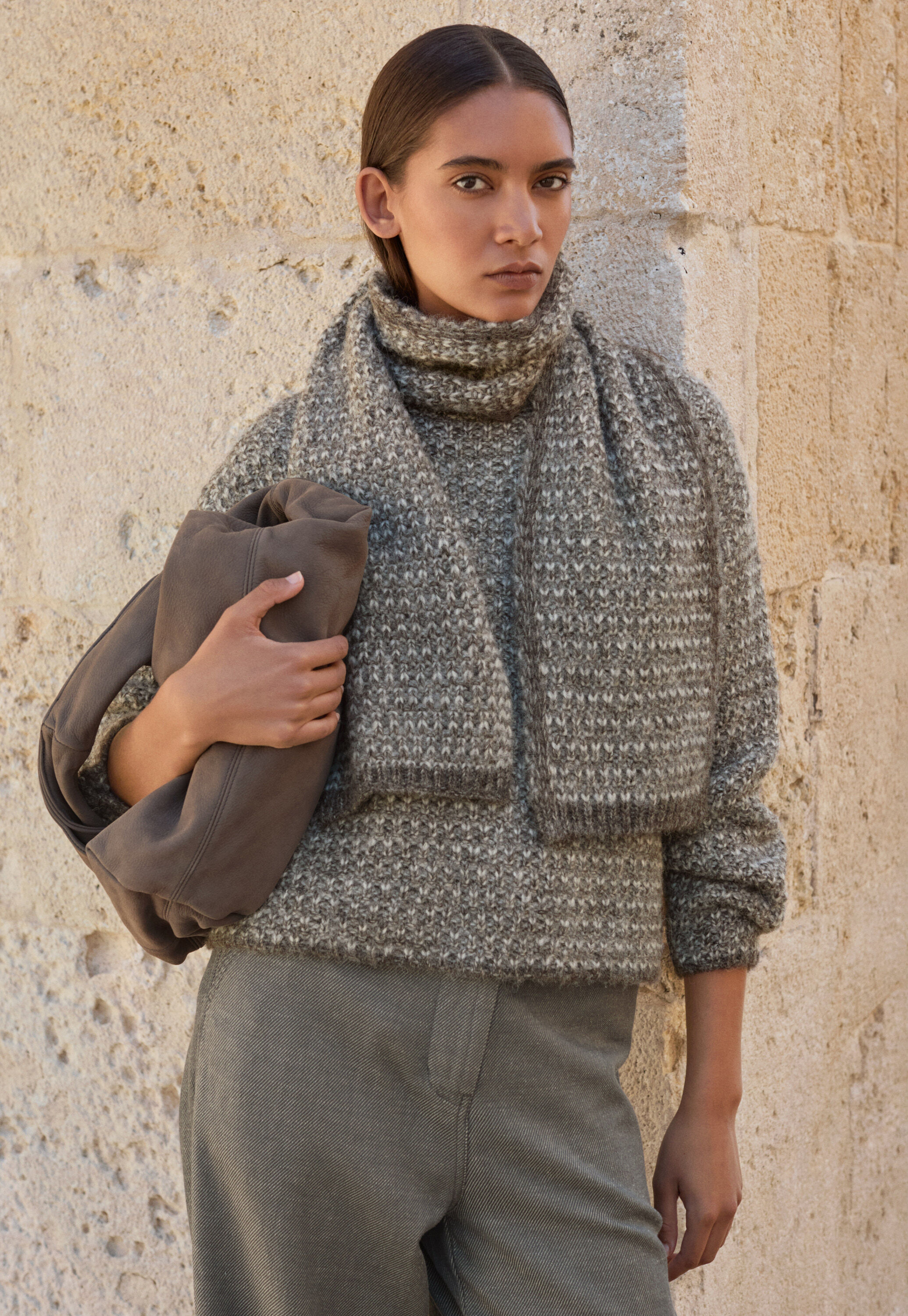 Stitch-detail scarf, Grey brown, large