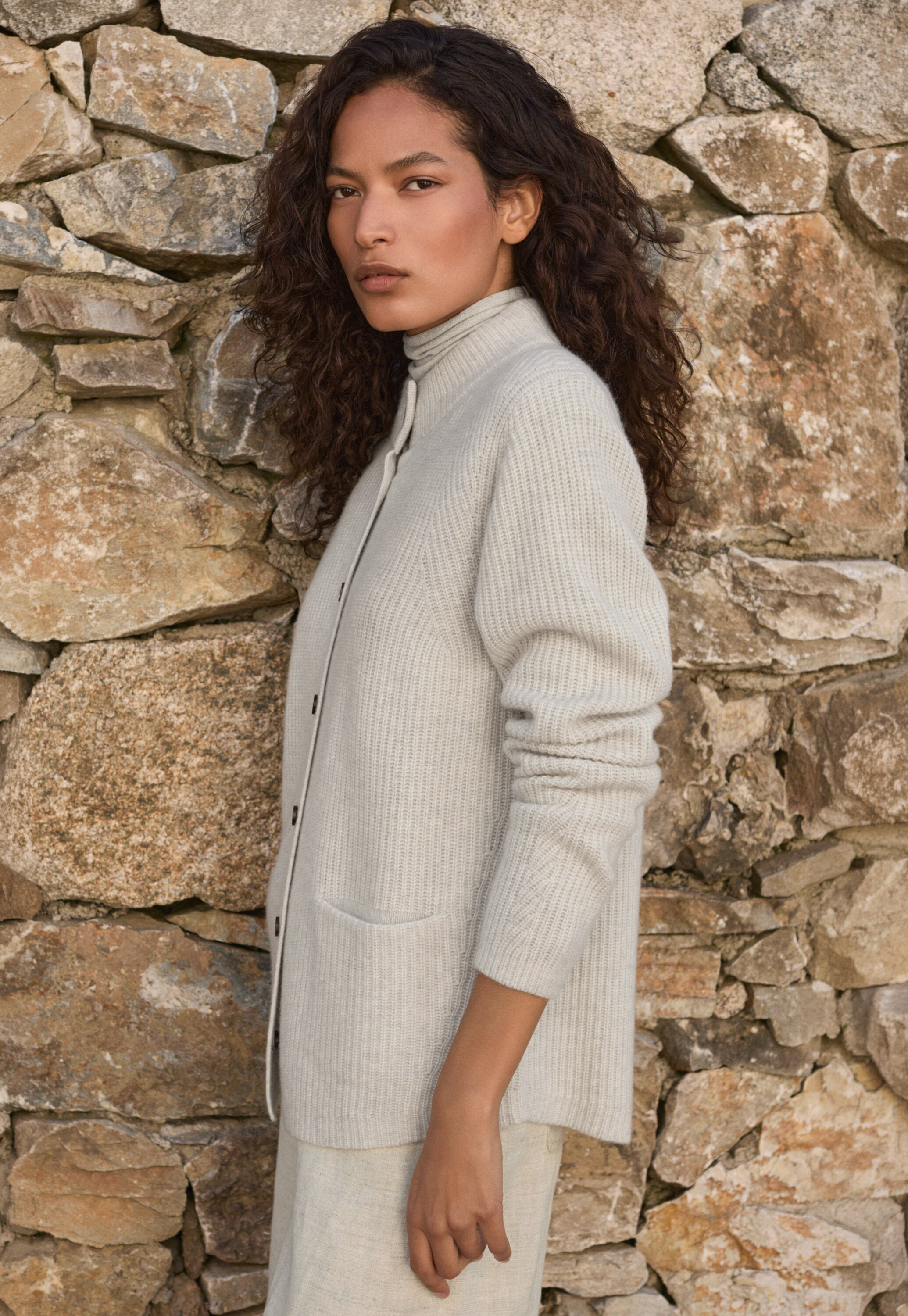 Rib-stitch cardigan, Grey pearl, large