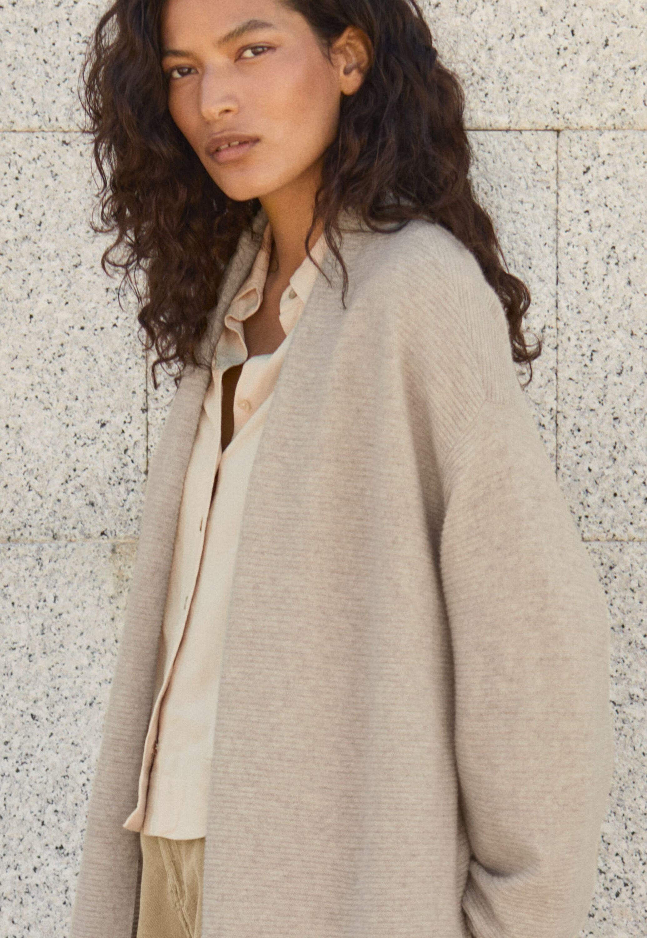 Garter-stitch cardigan, Ecru fawn, large