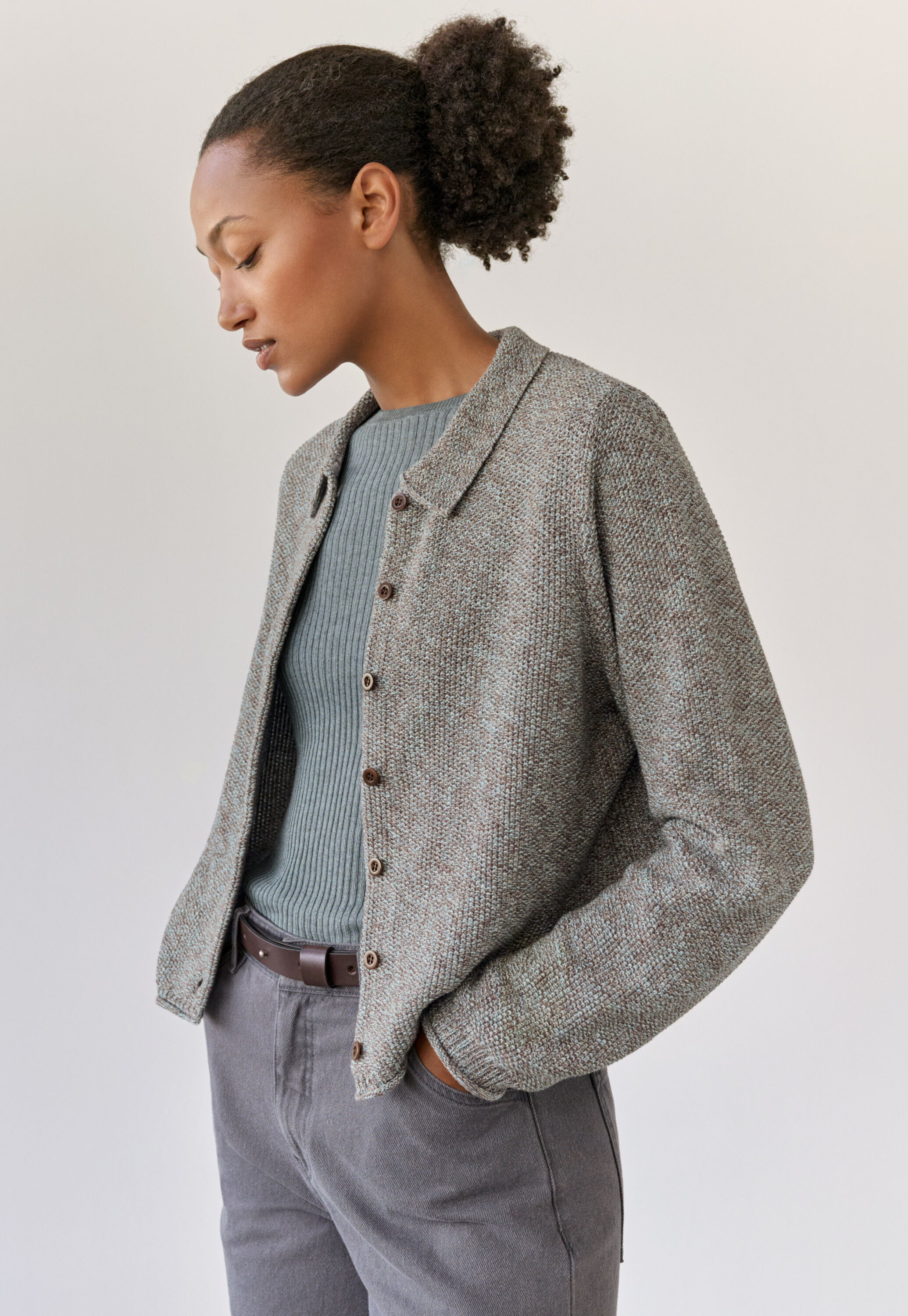 Moss-stitch cardigan, Taupe mint, large