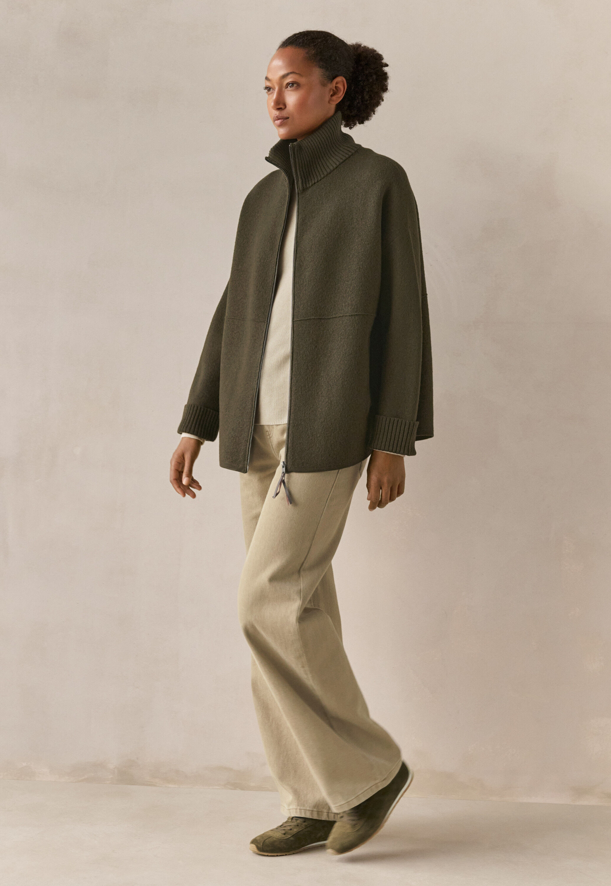 Zip-front knitted jacket, Khaki green, large