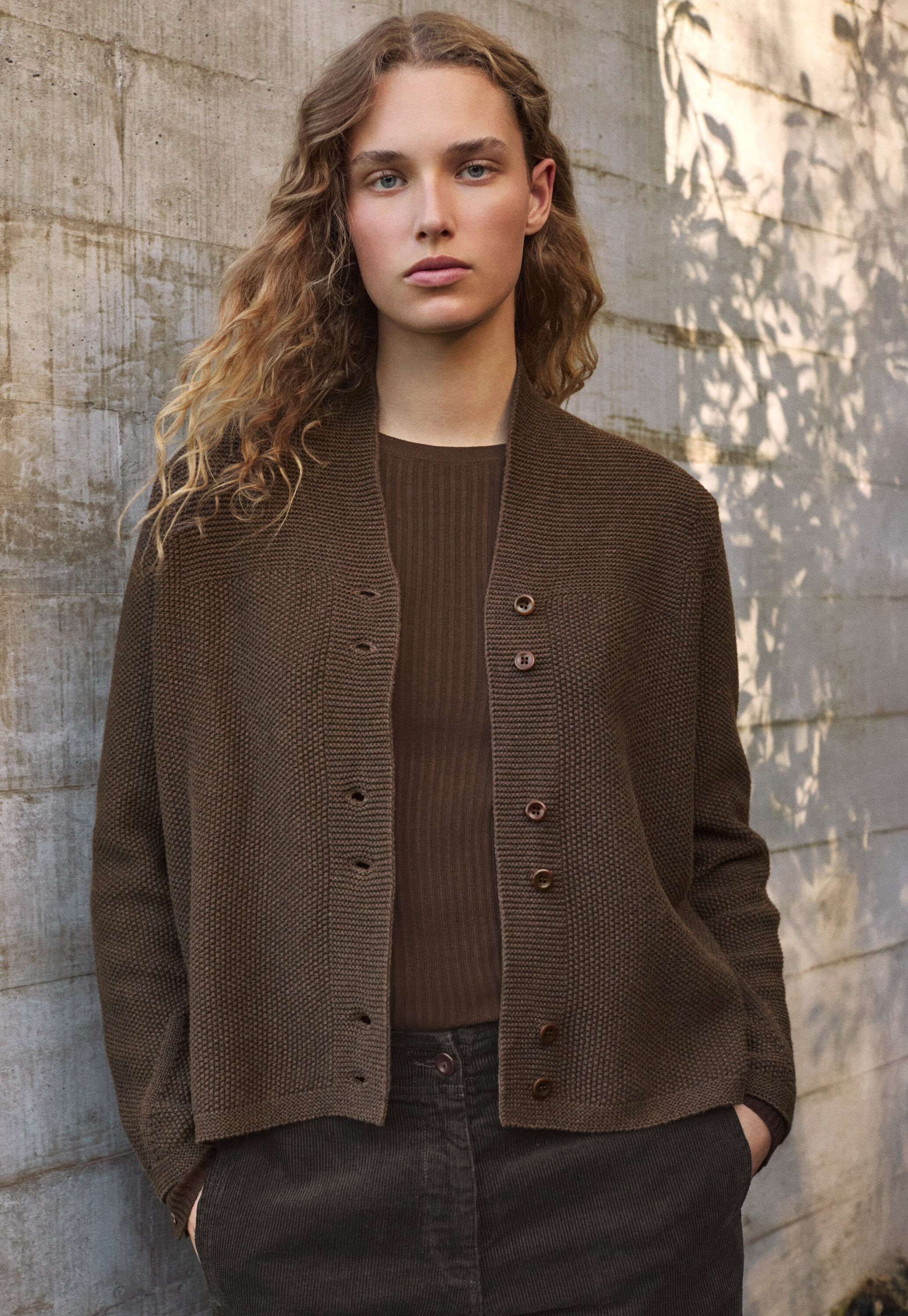 Button-front cardigan, Dark brown, large