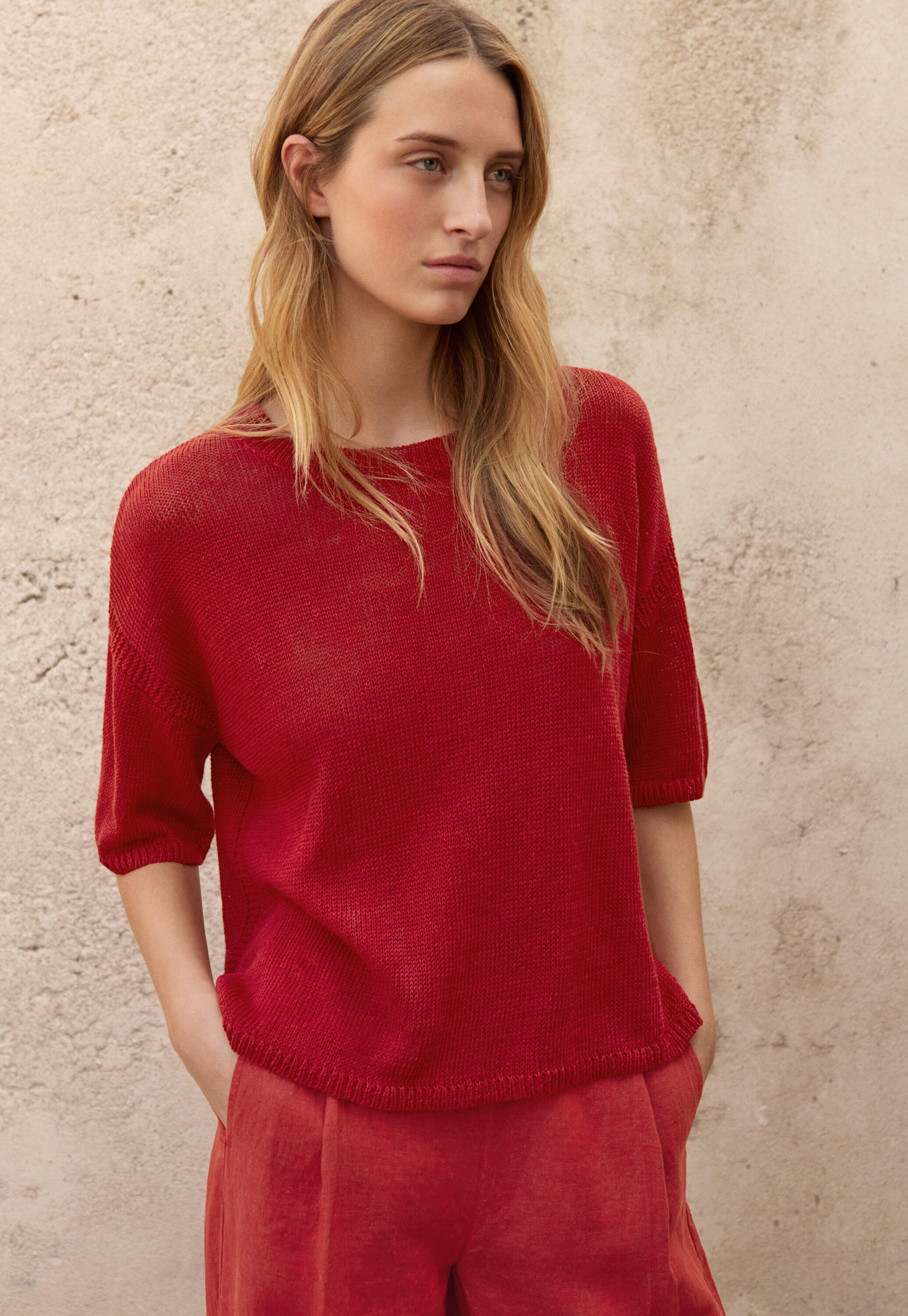 Short-sleeve sweater, Flame red, large