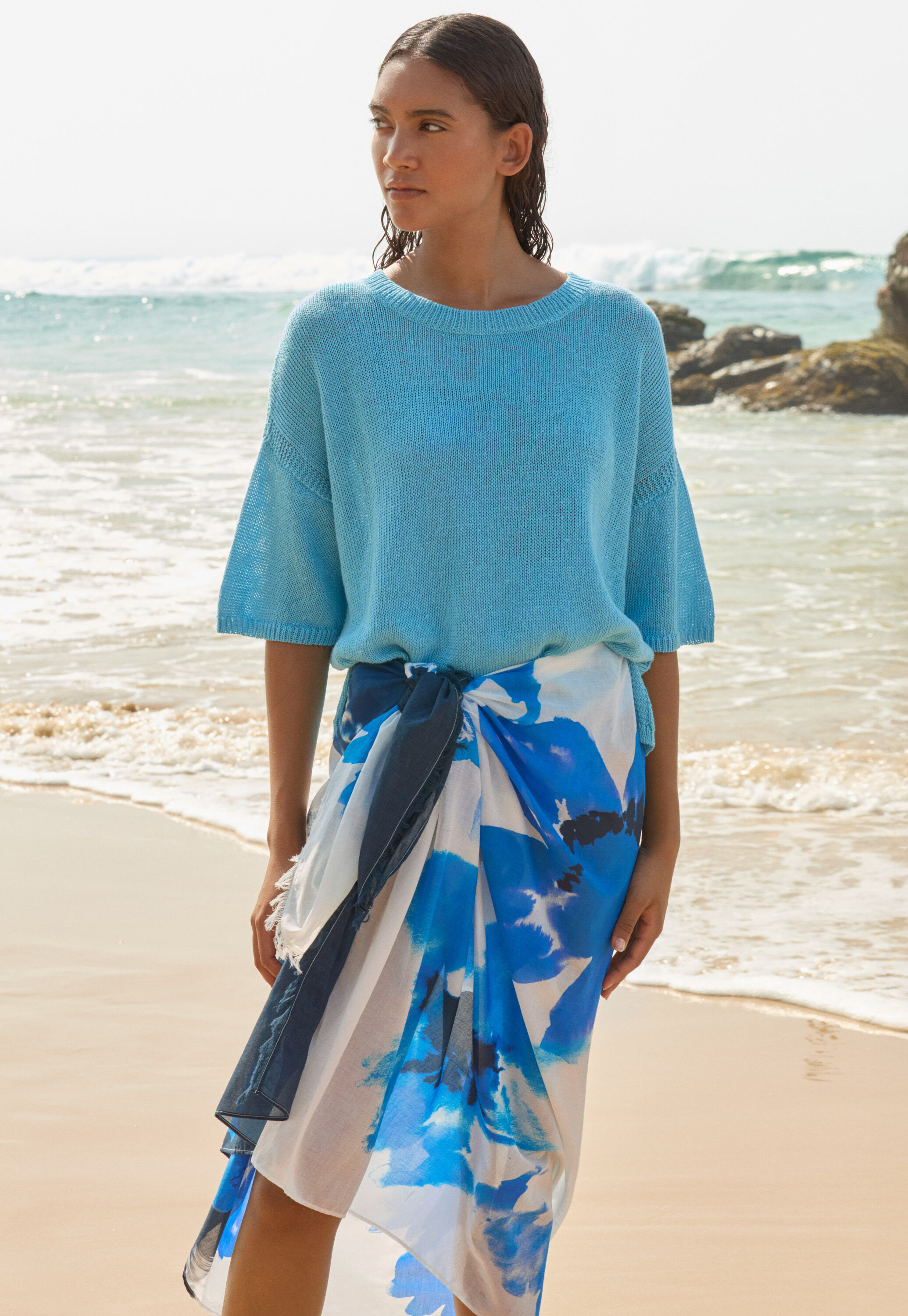 Printed pareo, Blue white, large