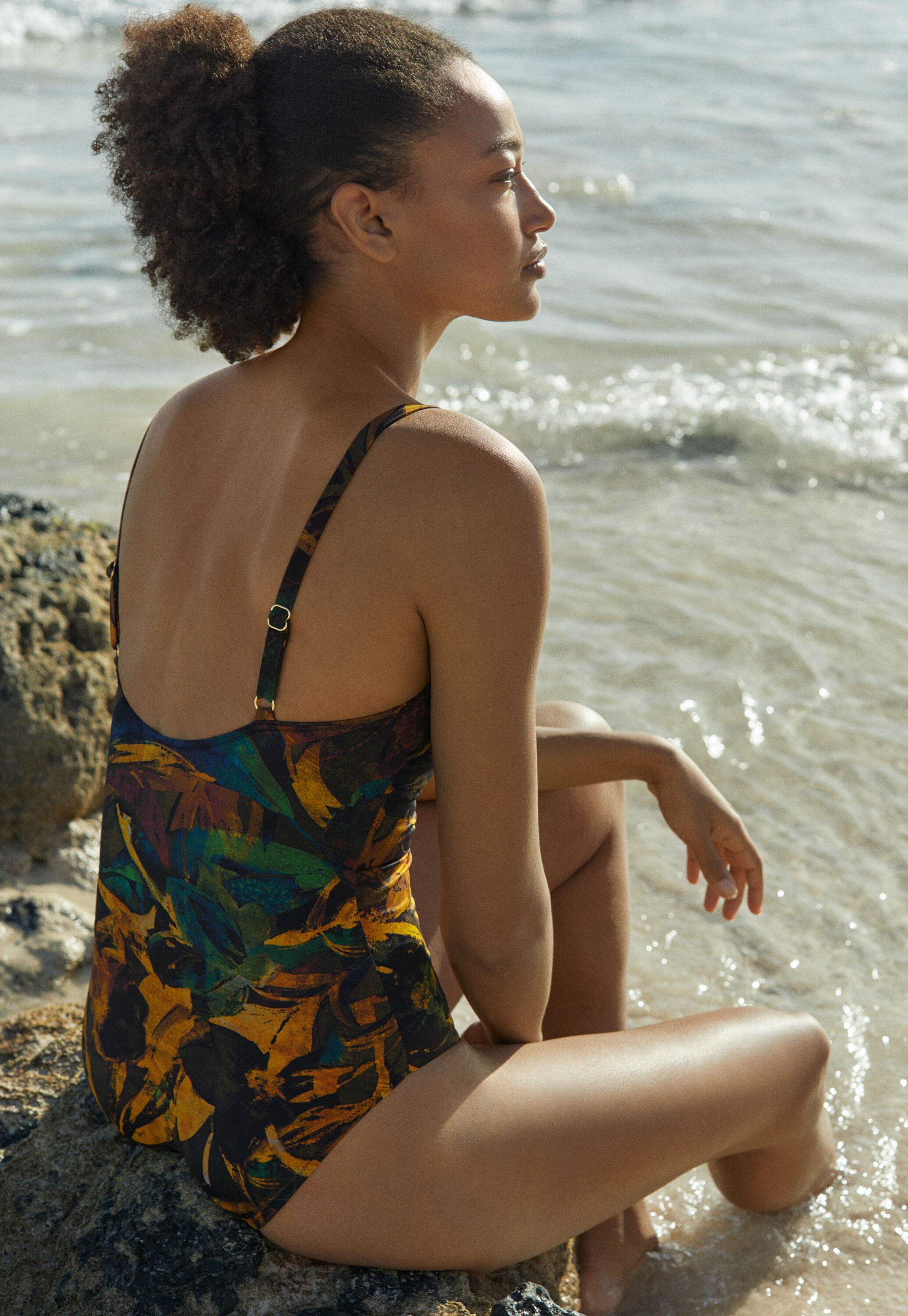 Printed square-neck swimsuit, Gold forest, large