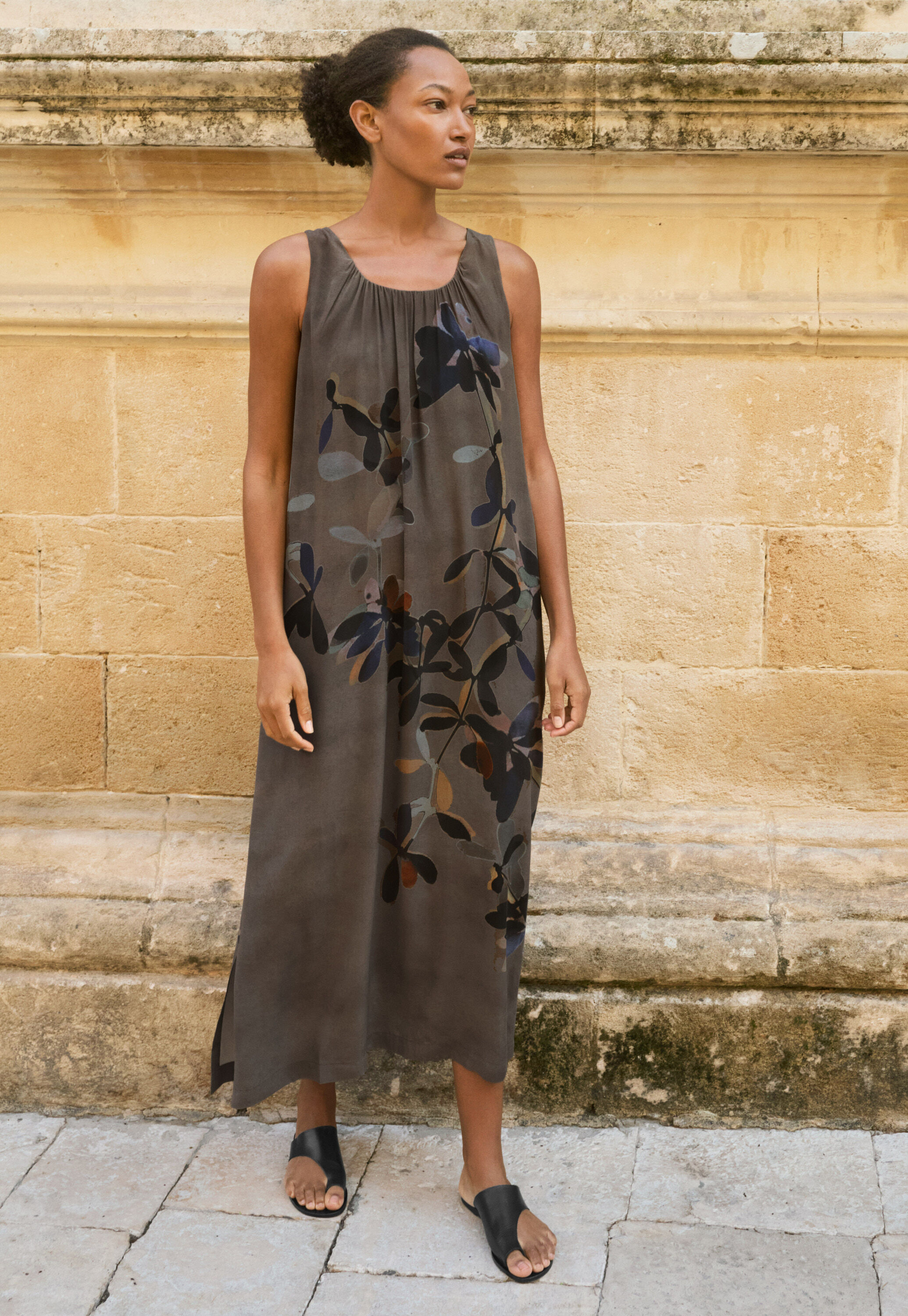 Printed sleeveless dress, Dark taupe, large
