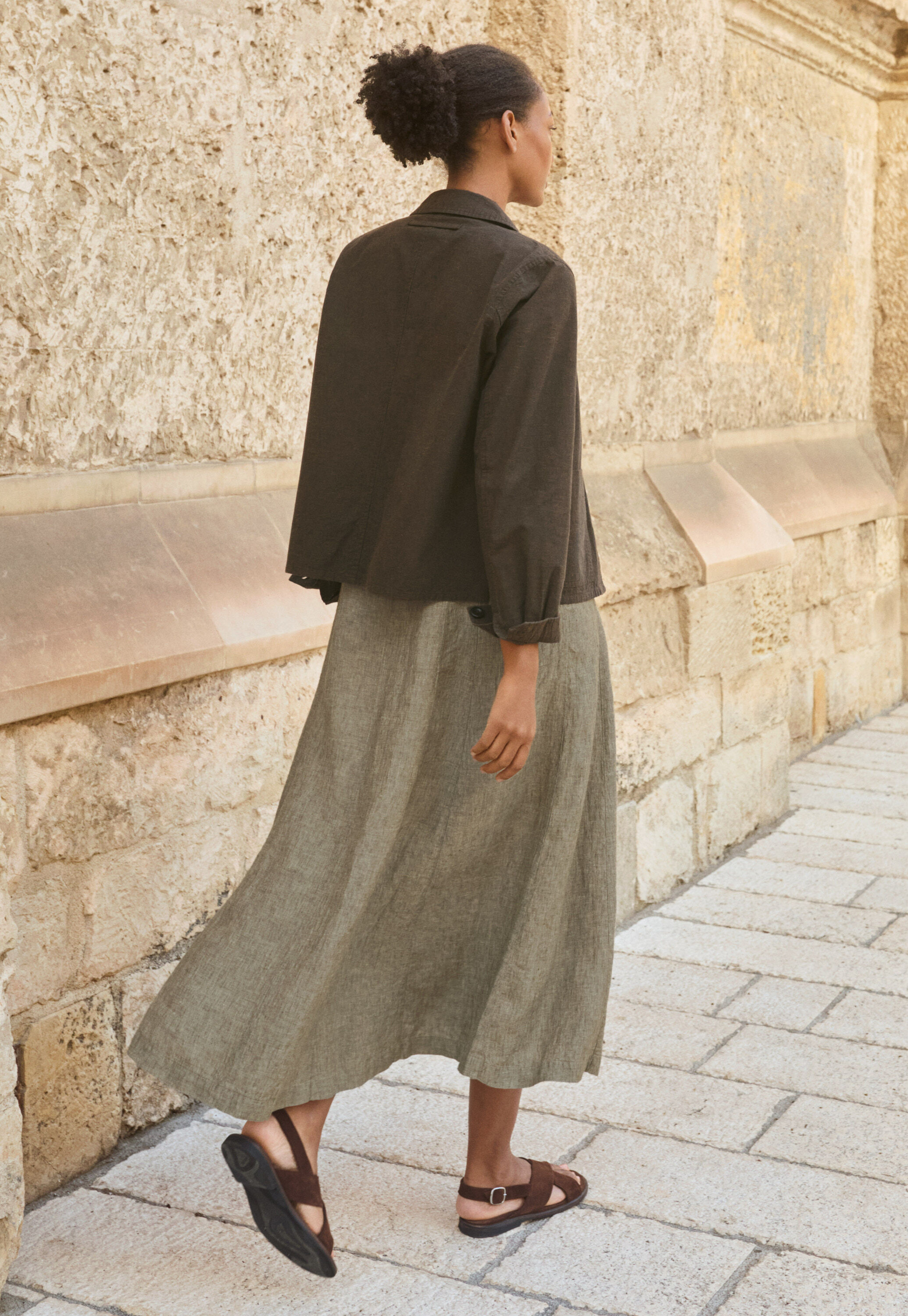 V-neck linen dress, Dark olive, large