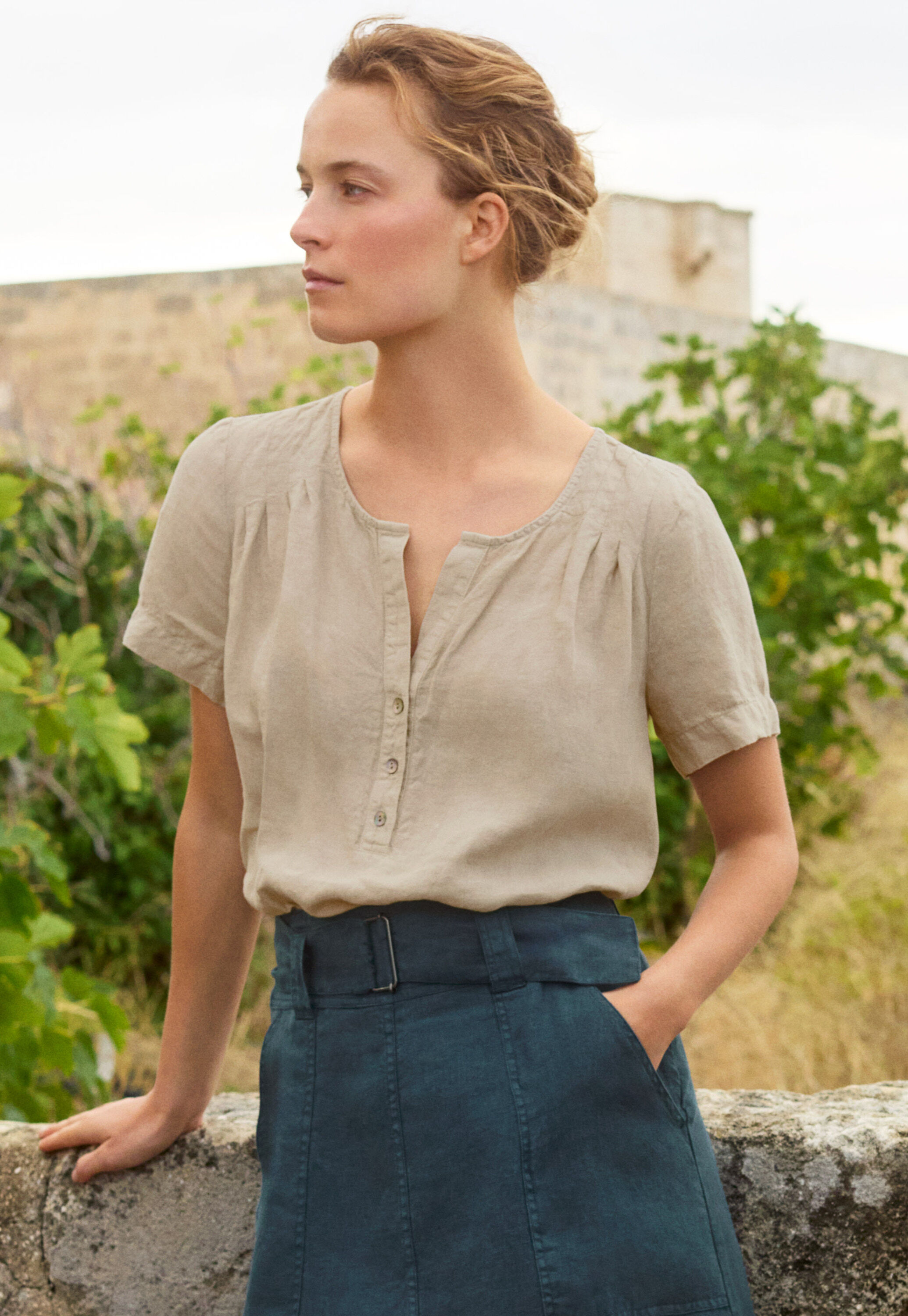 Pleated short-sleeve top