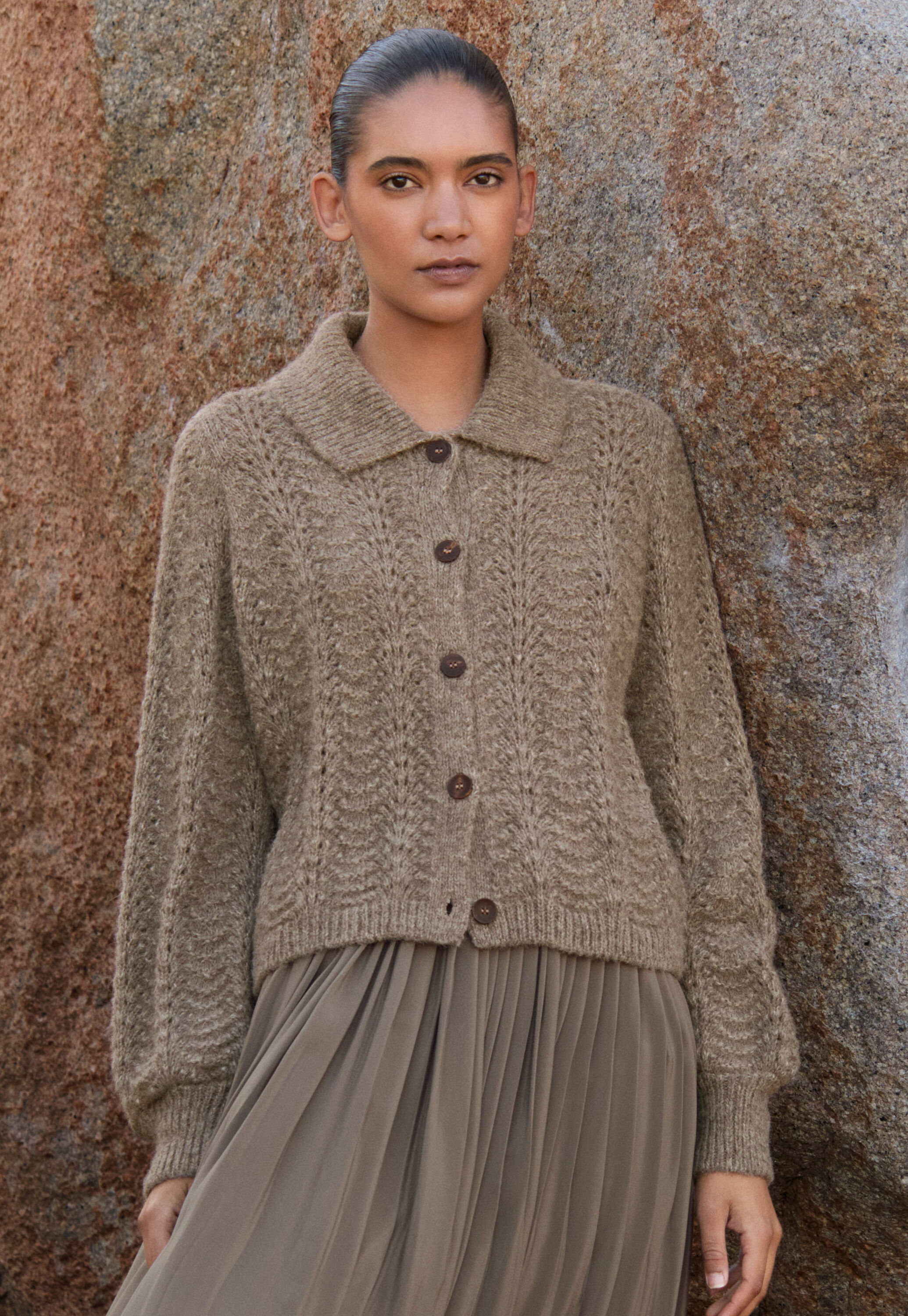 Pointelle cardigan, Brown taupe, large