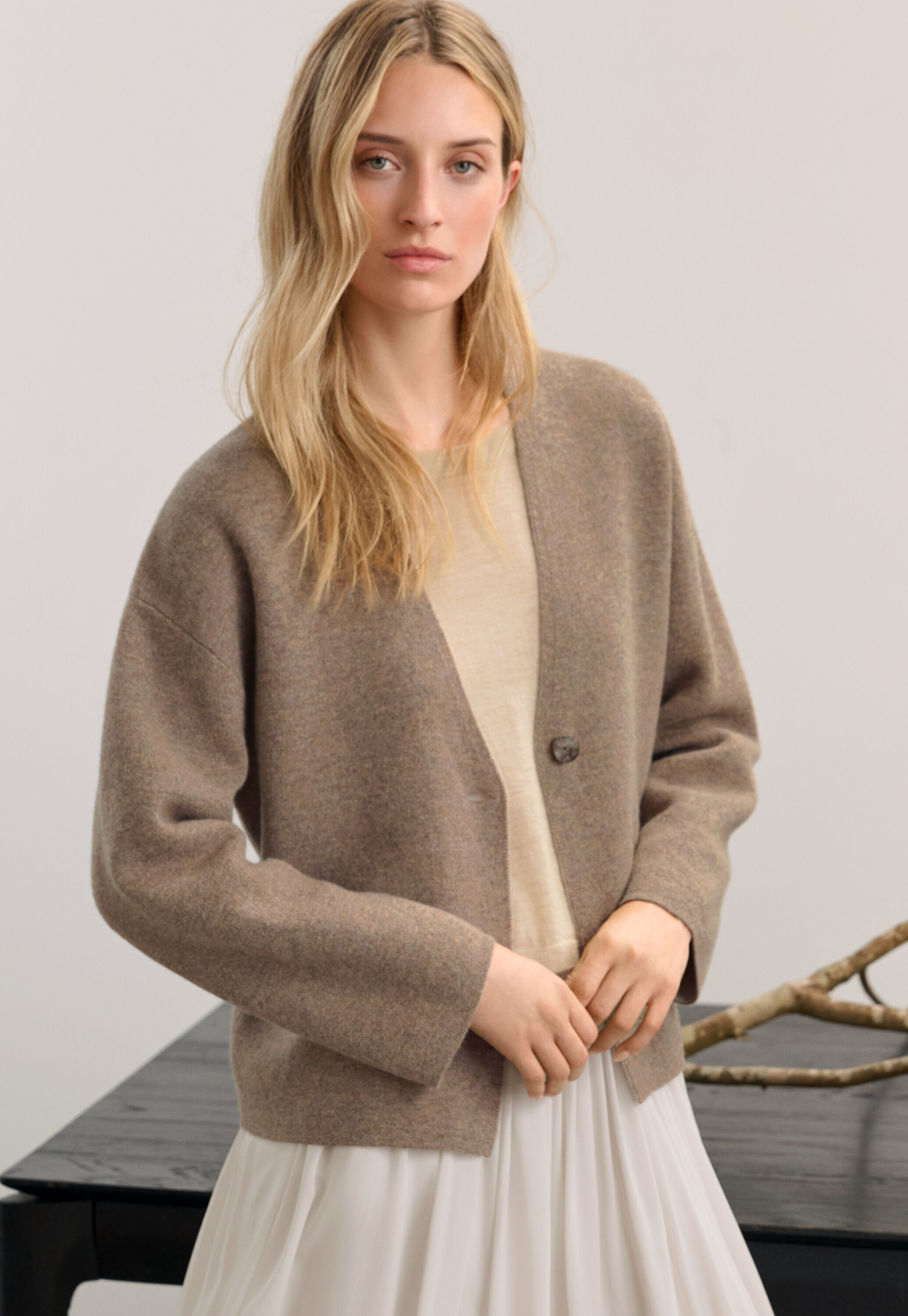 Two-tone double knitted cardigan, Latte, large