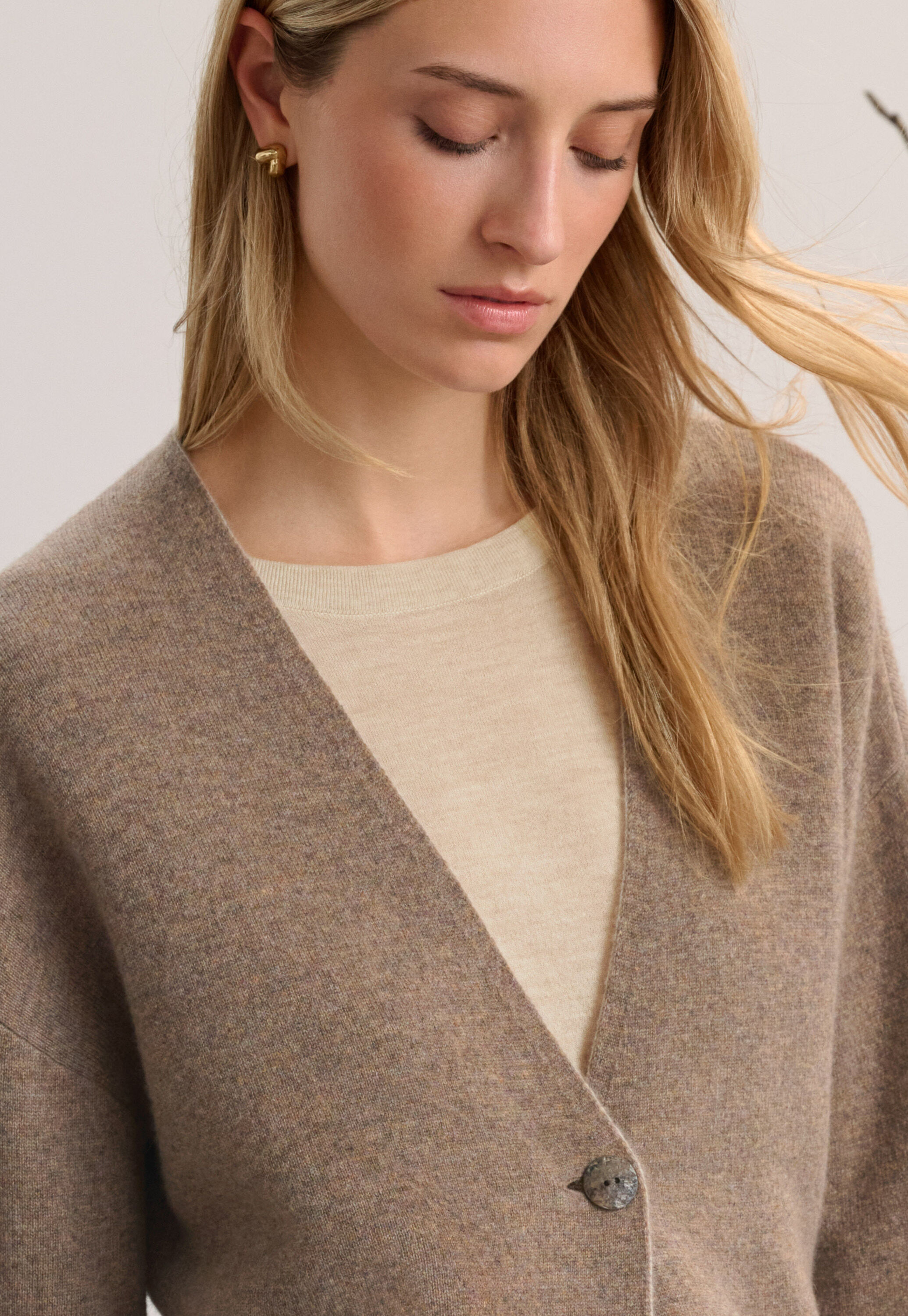 Two-tone double knitted cardigan, Latte, large