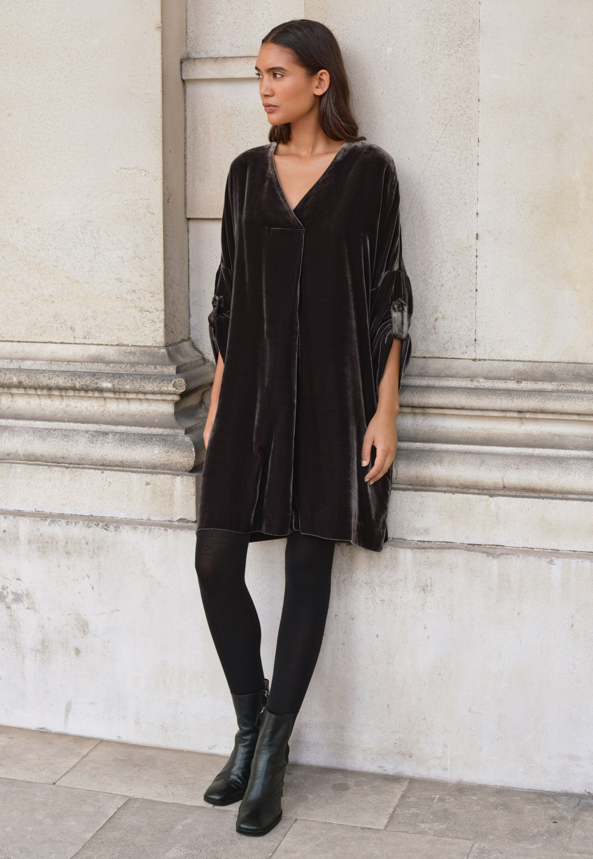 Velvet v-neck dress, Dark mulberry, large