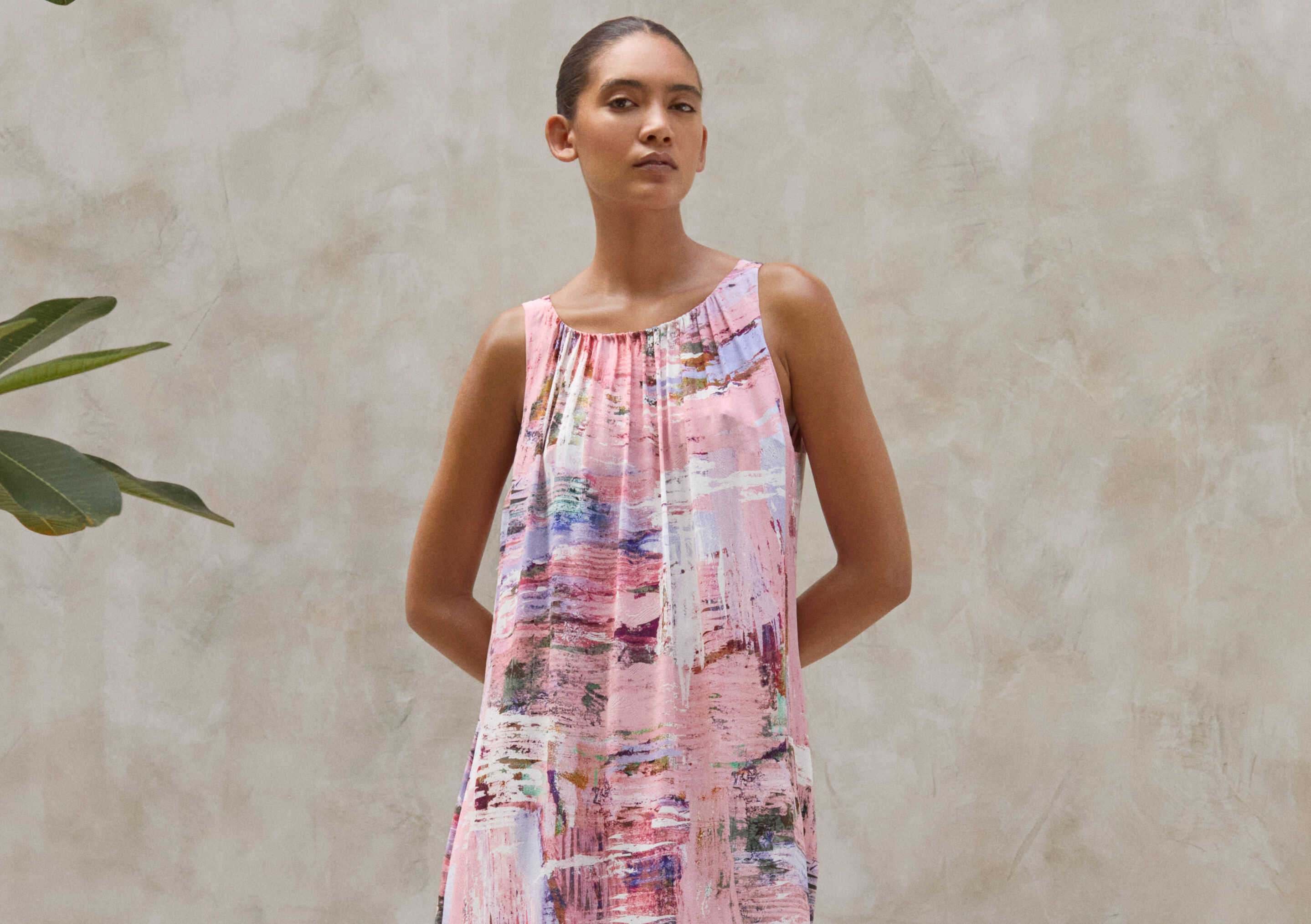 Printed gathered-neck dress