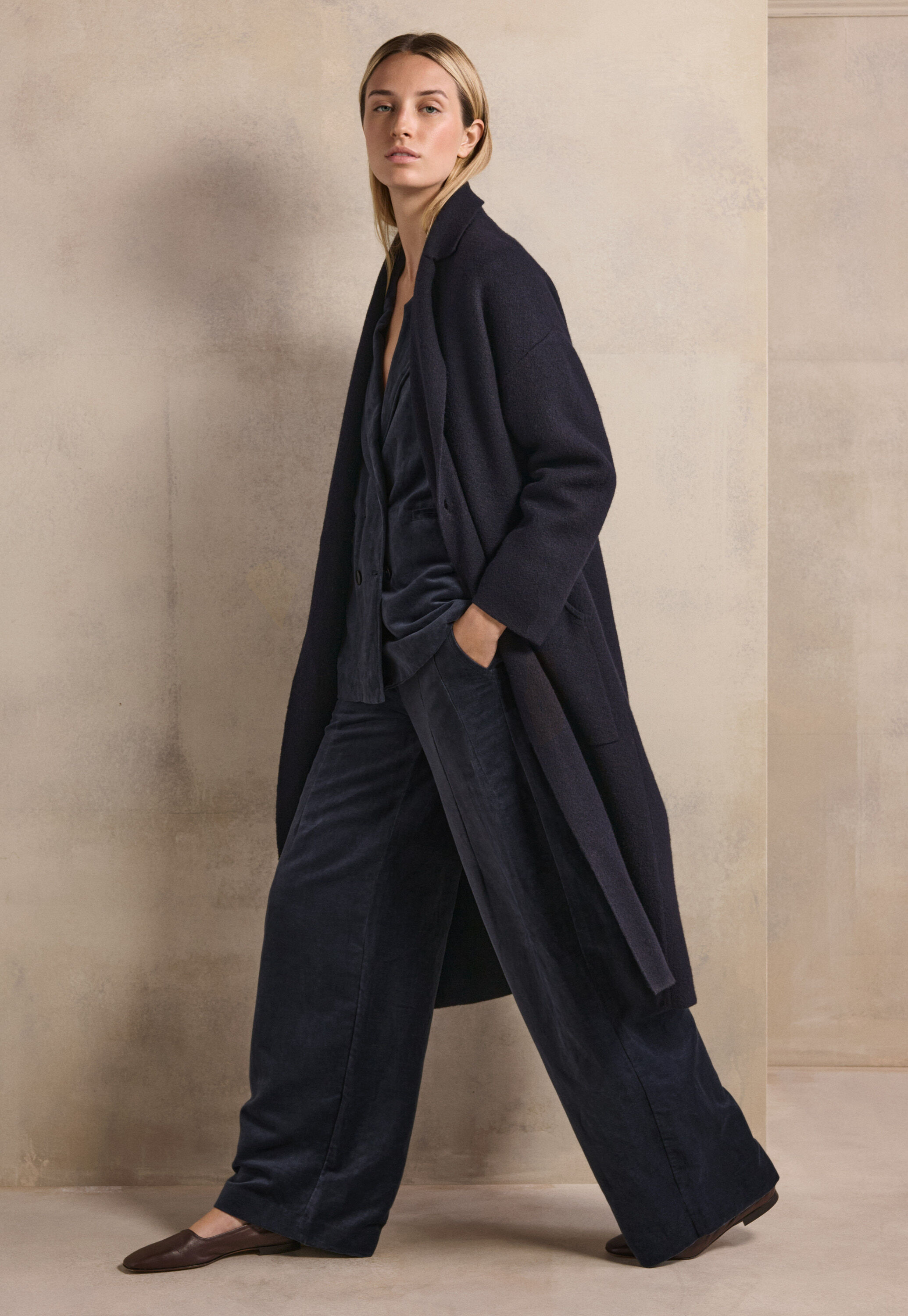 Long double-breasted velvet jacket