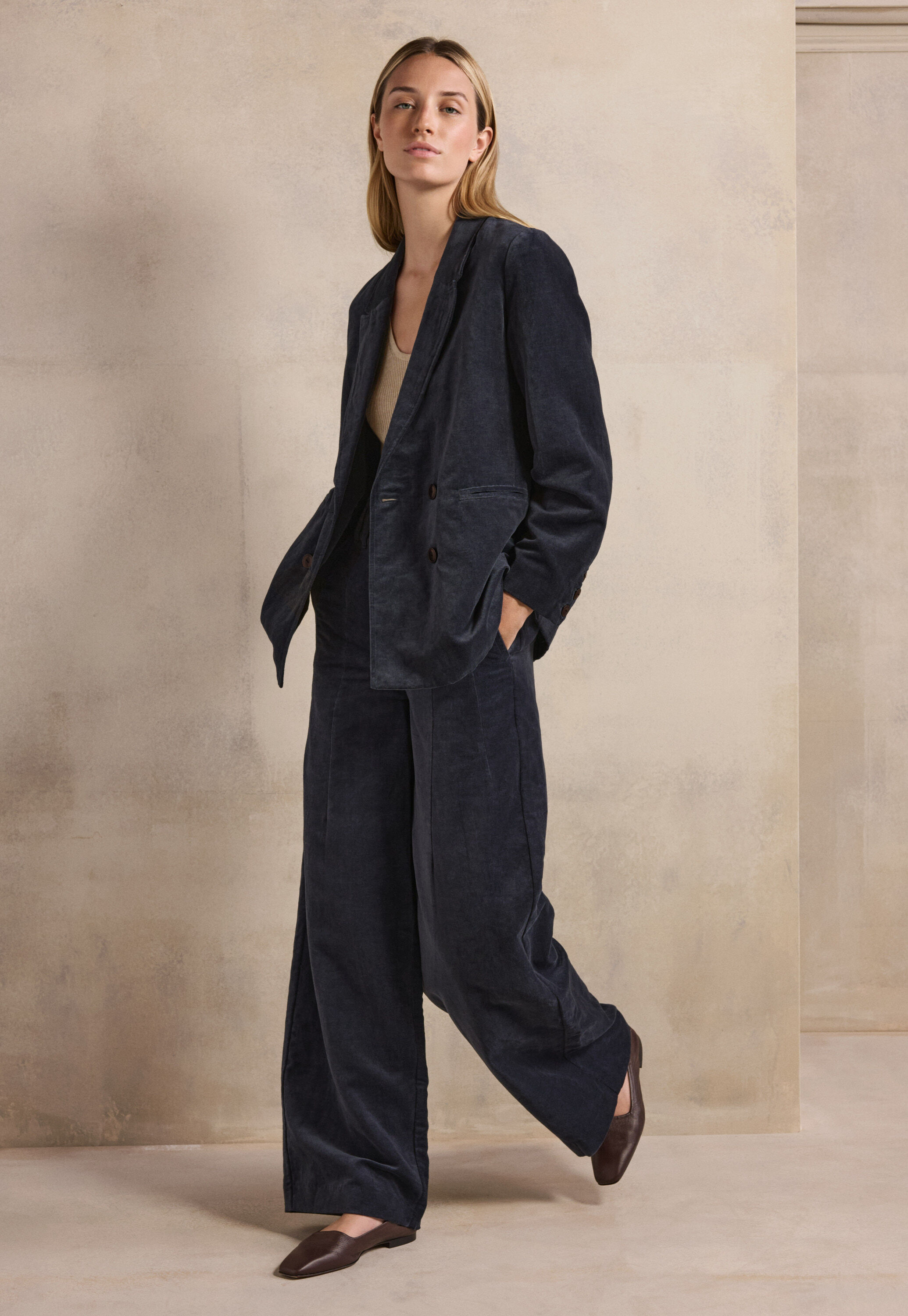 Long double-breasted velvet jacket
