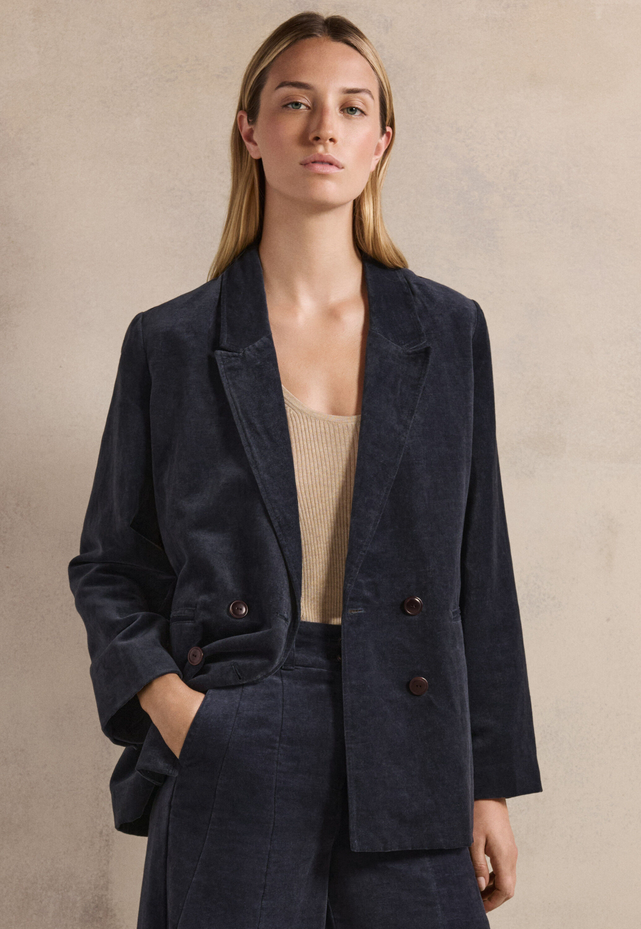 Long double-breasted velvet jacket