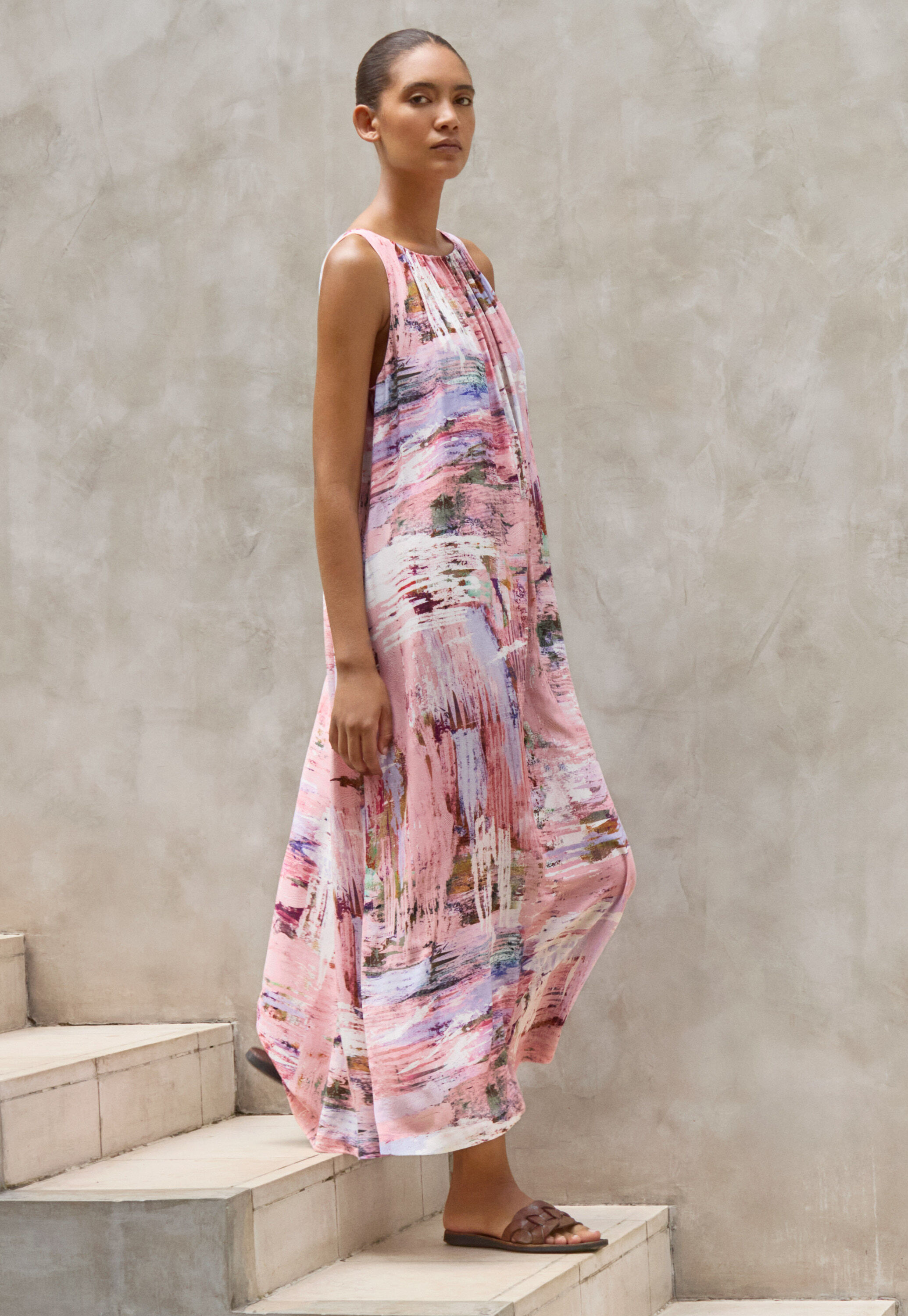 Printed gathered-neck dress