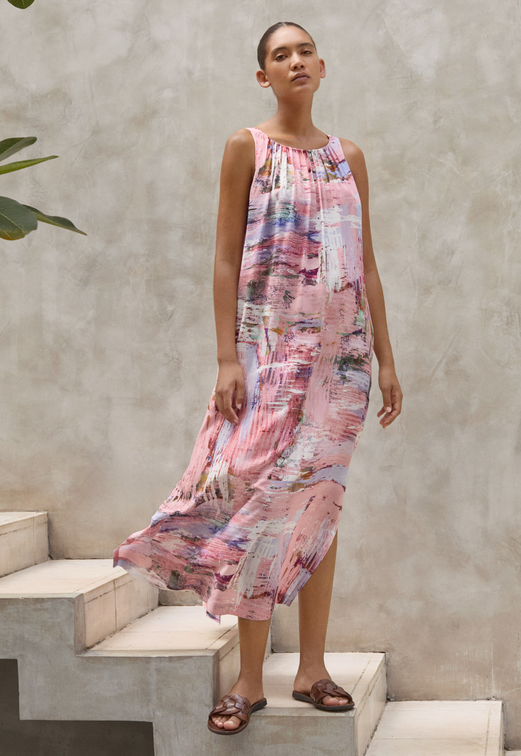 Printed gathered-neck dress