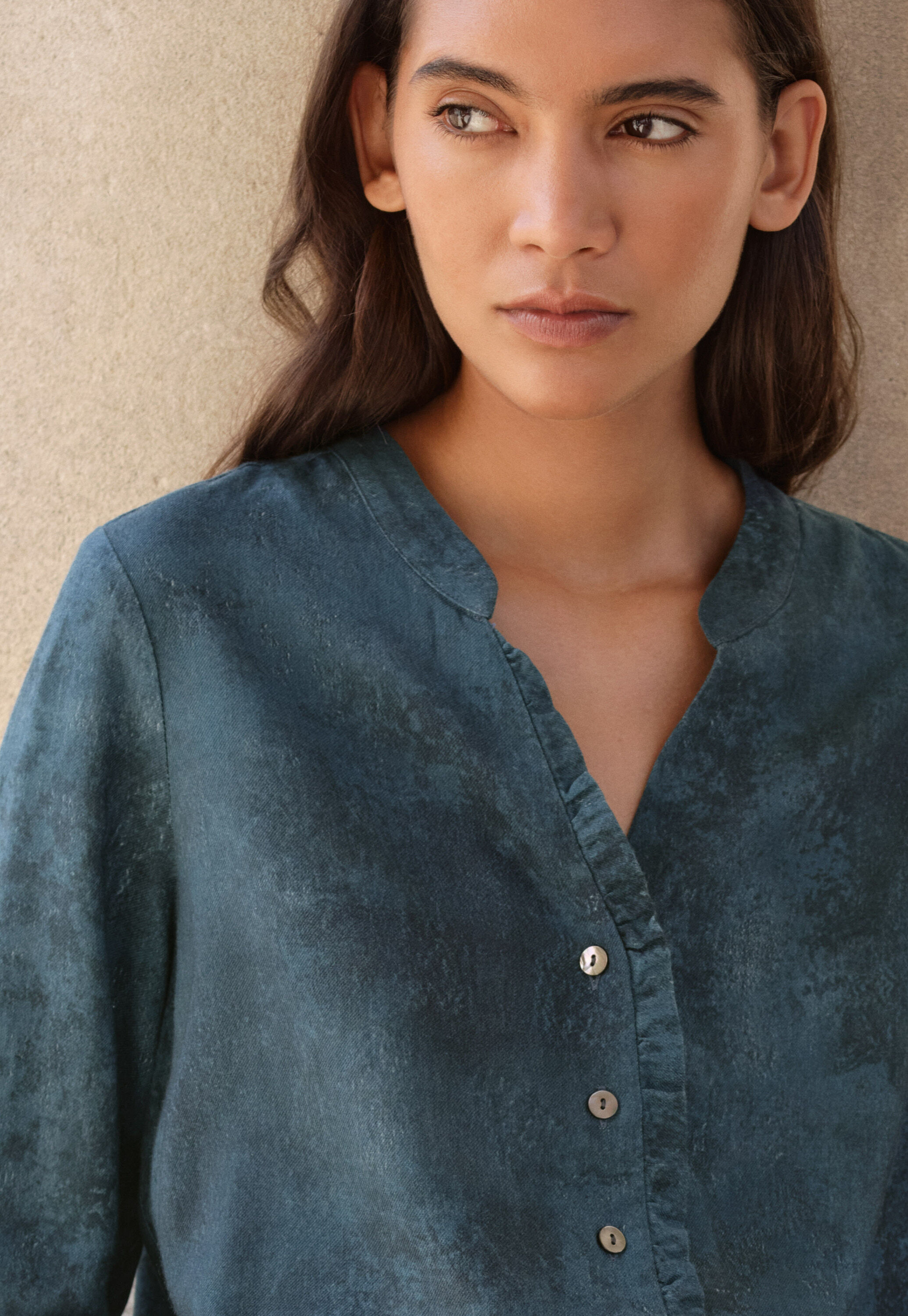 Frill front blouse, Ocean blue, large