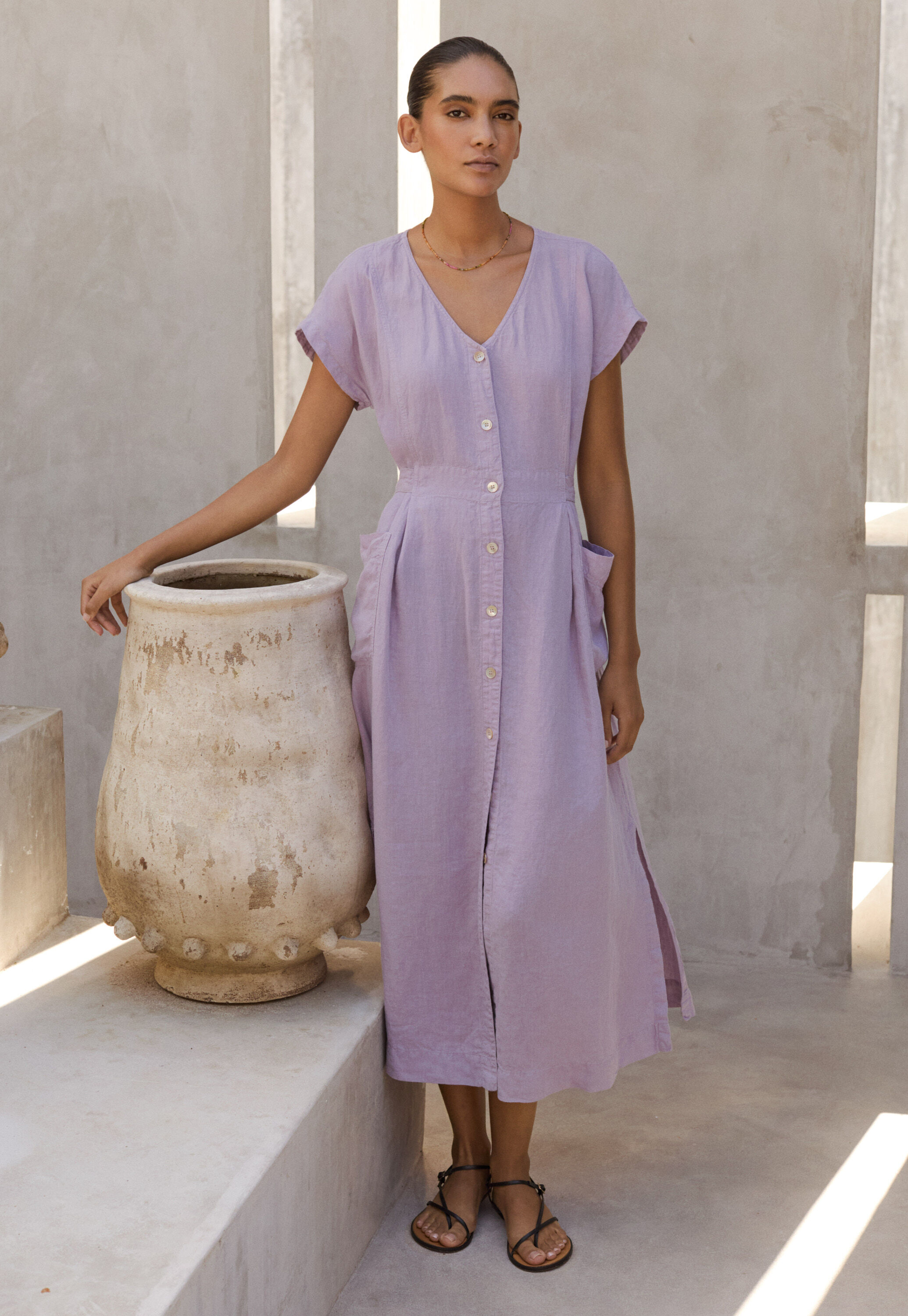 Waist-tie button-through dress