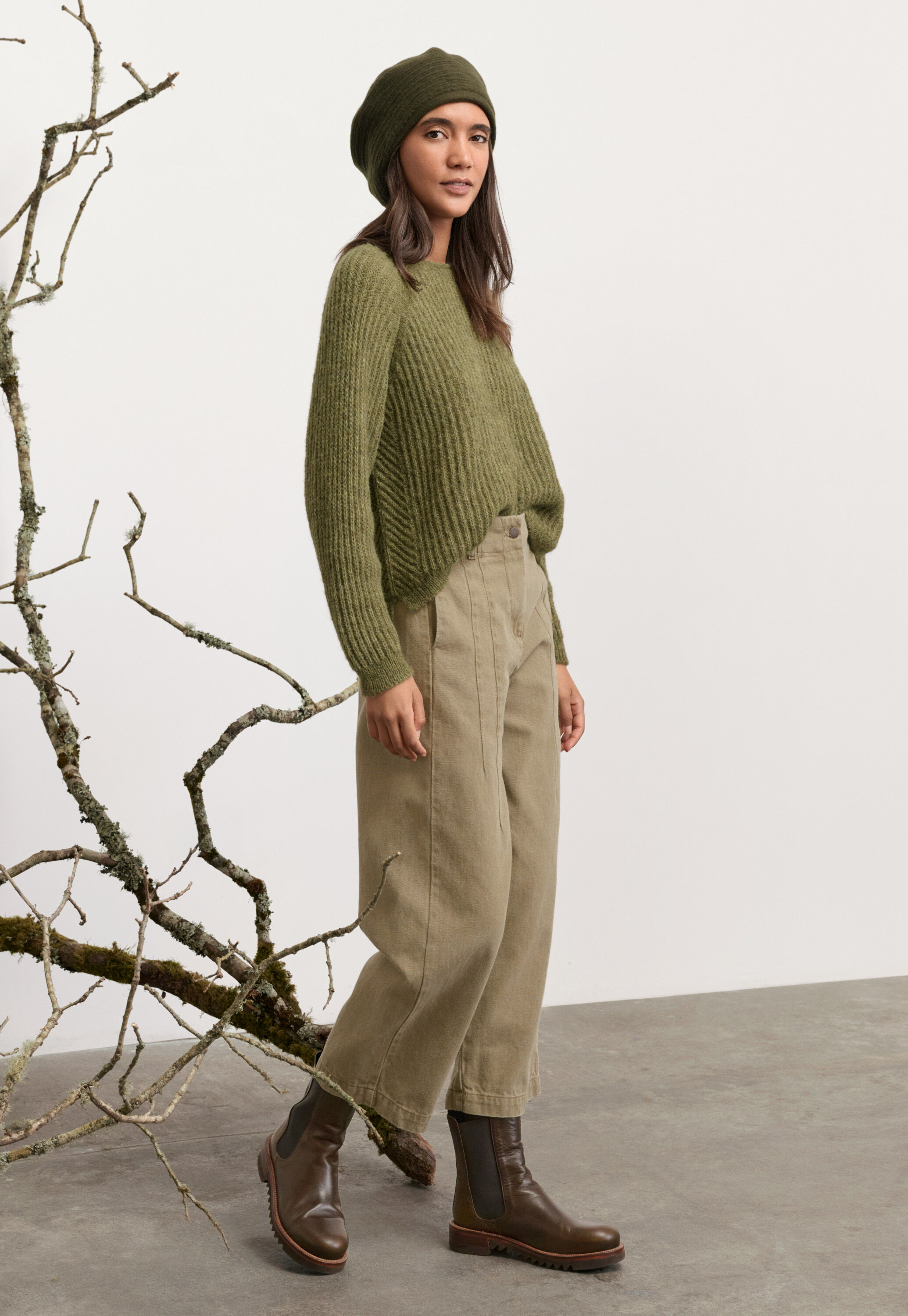 Knitted beret, Khaki, large